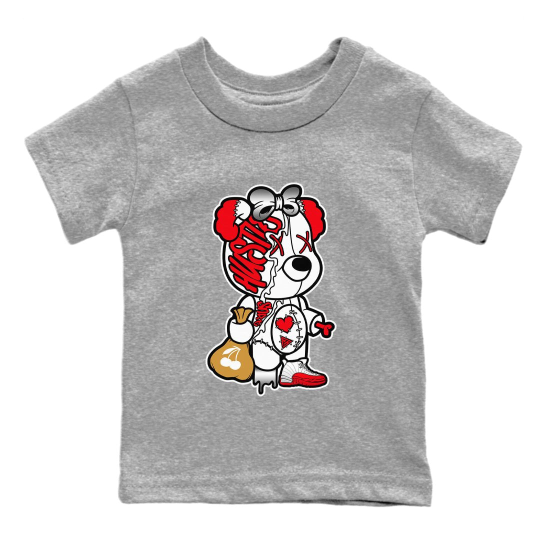 12s Cherry unique Halloween sneaker tee Stitched Hustle Bear Sneaker Tees Air Jordan 12 Cherry Sneaker Release Tees Kids Shirts Heather Grey 2