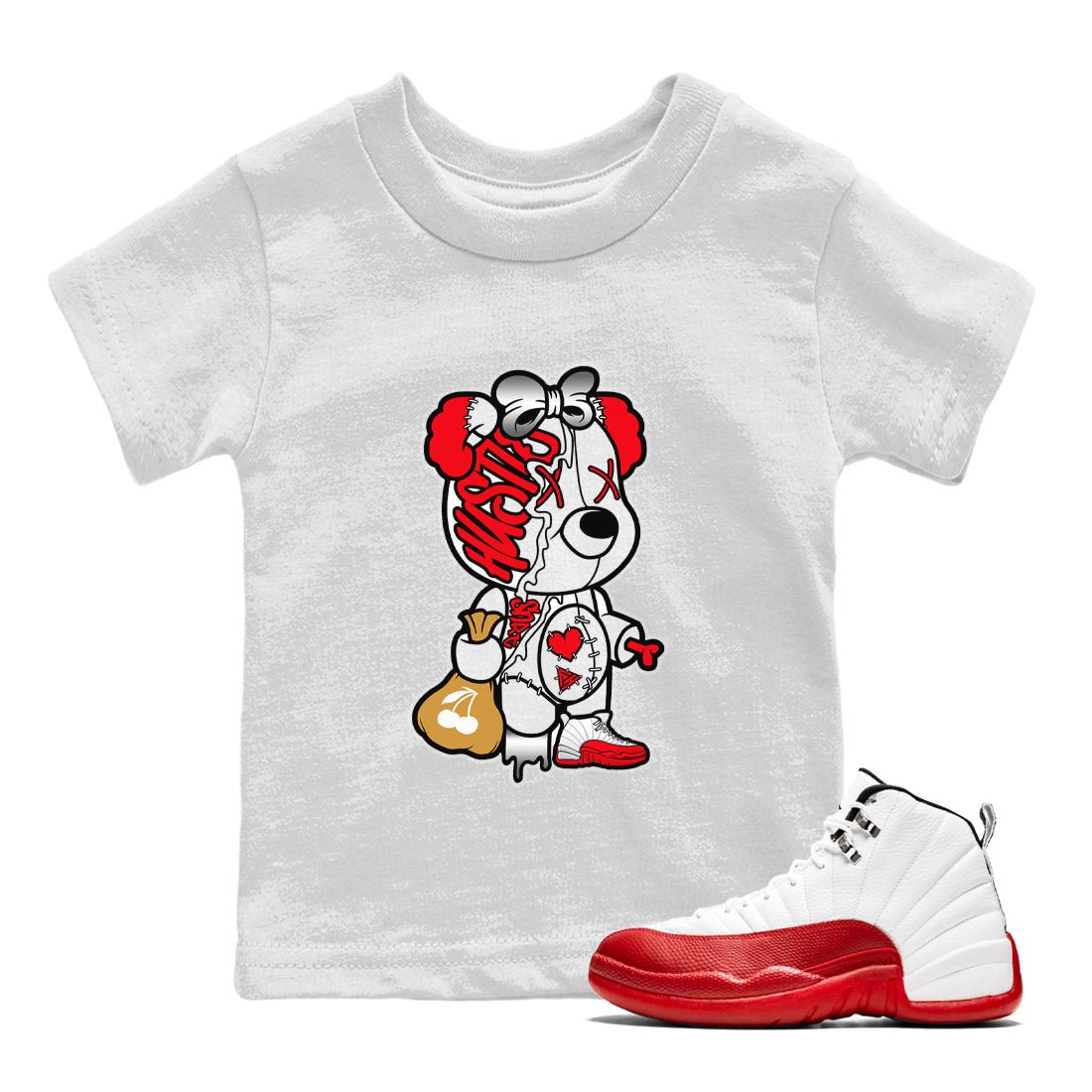 12s Cherry unique Halloween sneaker tee Stitched Hustle Bear Sneaker Tees Air Jordan 12 Cherry Sneaker Release Tees Kids Shirts White 1
