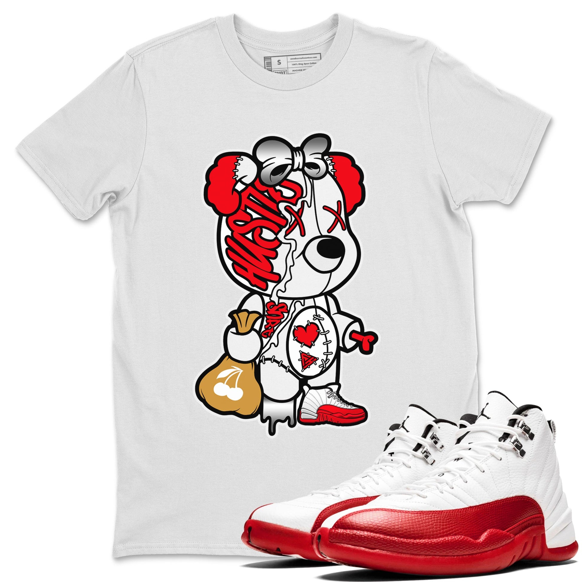 12s Cherry unique Halloween sneaker tee Stitched Hustle Bear Sneaker Tees Air Jordan 12 Cherry Sneaker Release Tees Unisex Shirts White 1