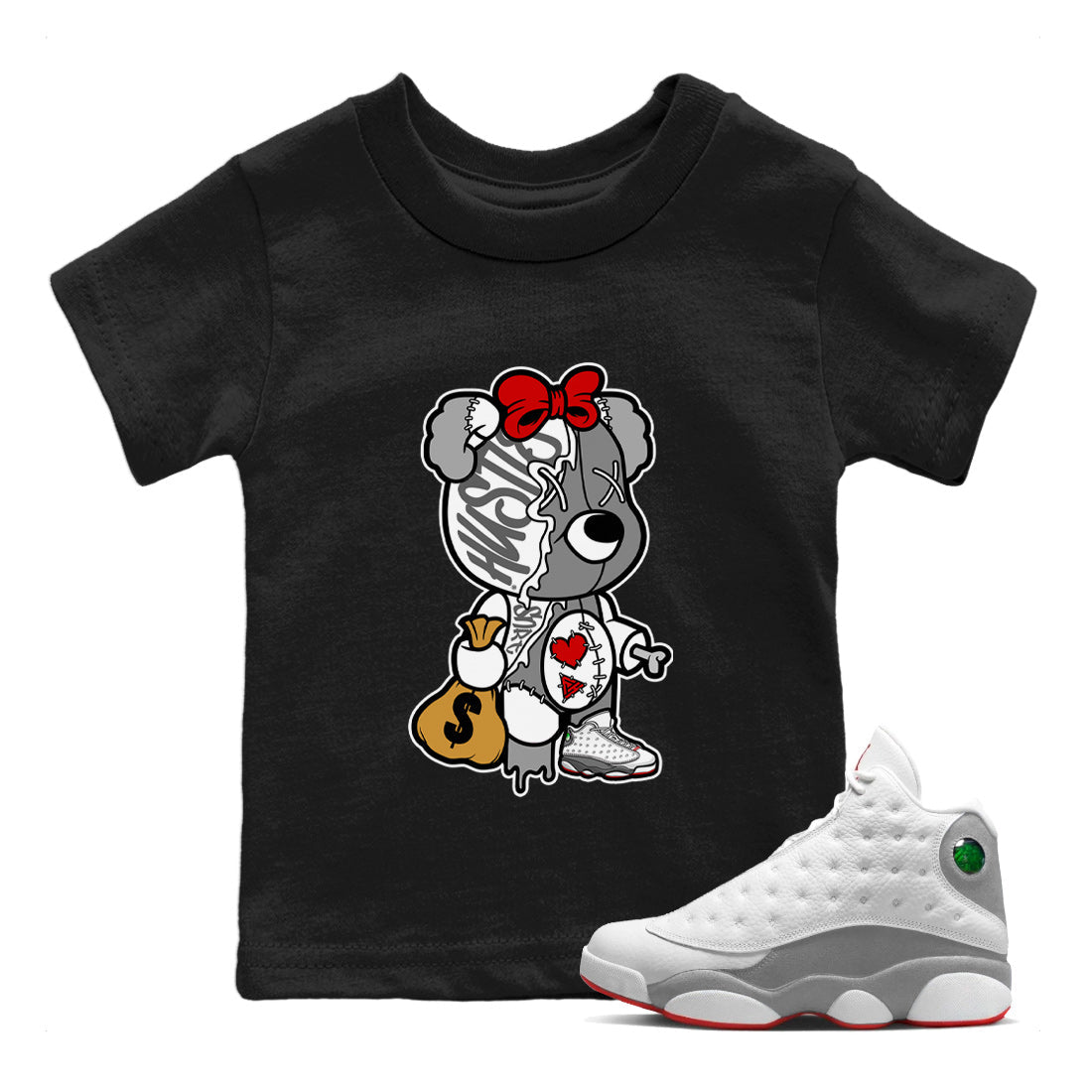 Air Jordan 13 Wolf Grey unique Halloween sneaker tee Stitched Hustle Bear Sneaker Tees Air Jordan 13 Retro Wolf Grey T-Shirt Kids Shirts Black 1