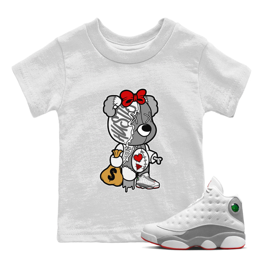Air Jordan 13 Wolf Grey unique Halloween sneaker tee Stitched Hustle Bear Sneaker Tees Air Jordan 13 Retro Wolf Grey T-Shirt Kids Shirts White 1