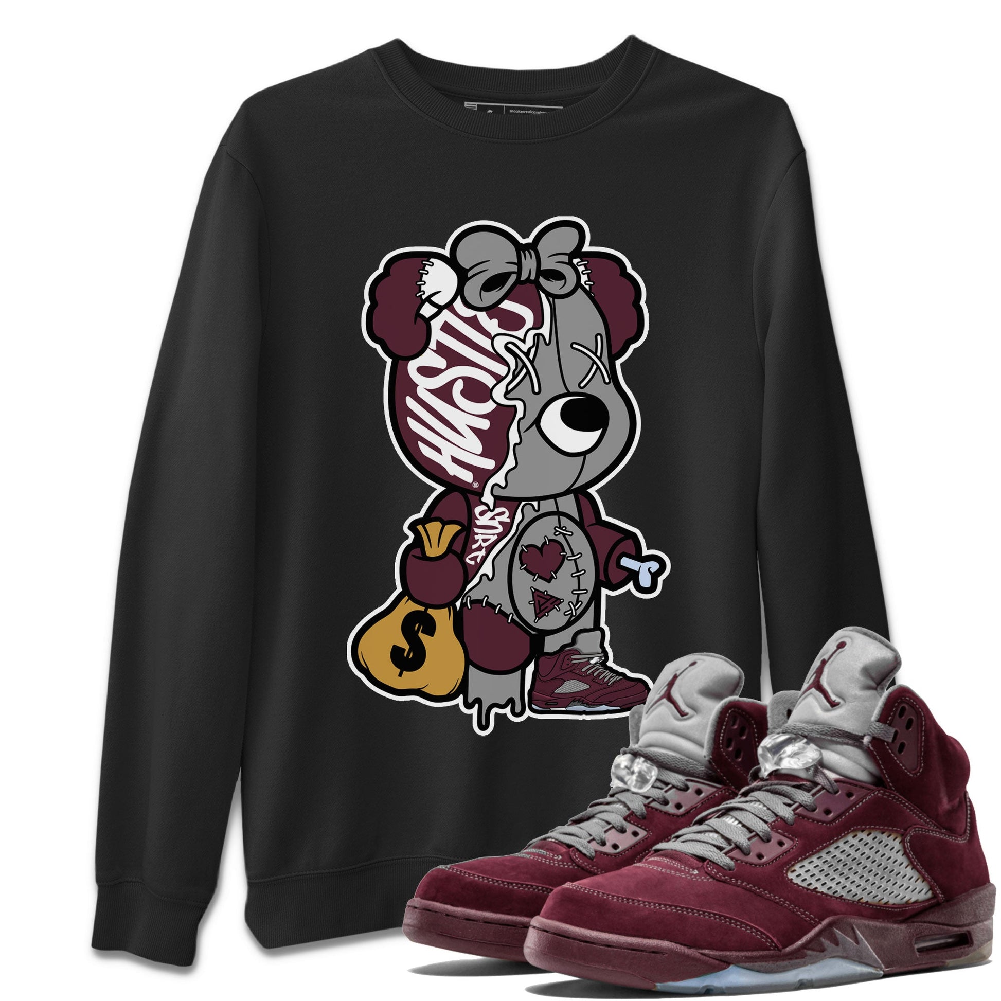 AJ5 Burgundy shirt to match jordans Stitched Hustle Bear sneaker tees Air Jordan 5 Burgundy SNRT Sneaker Release Tees Unisex Black 1 T-Shirt