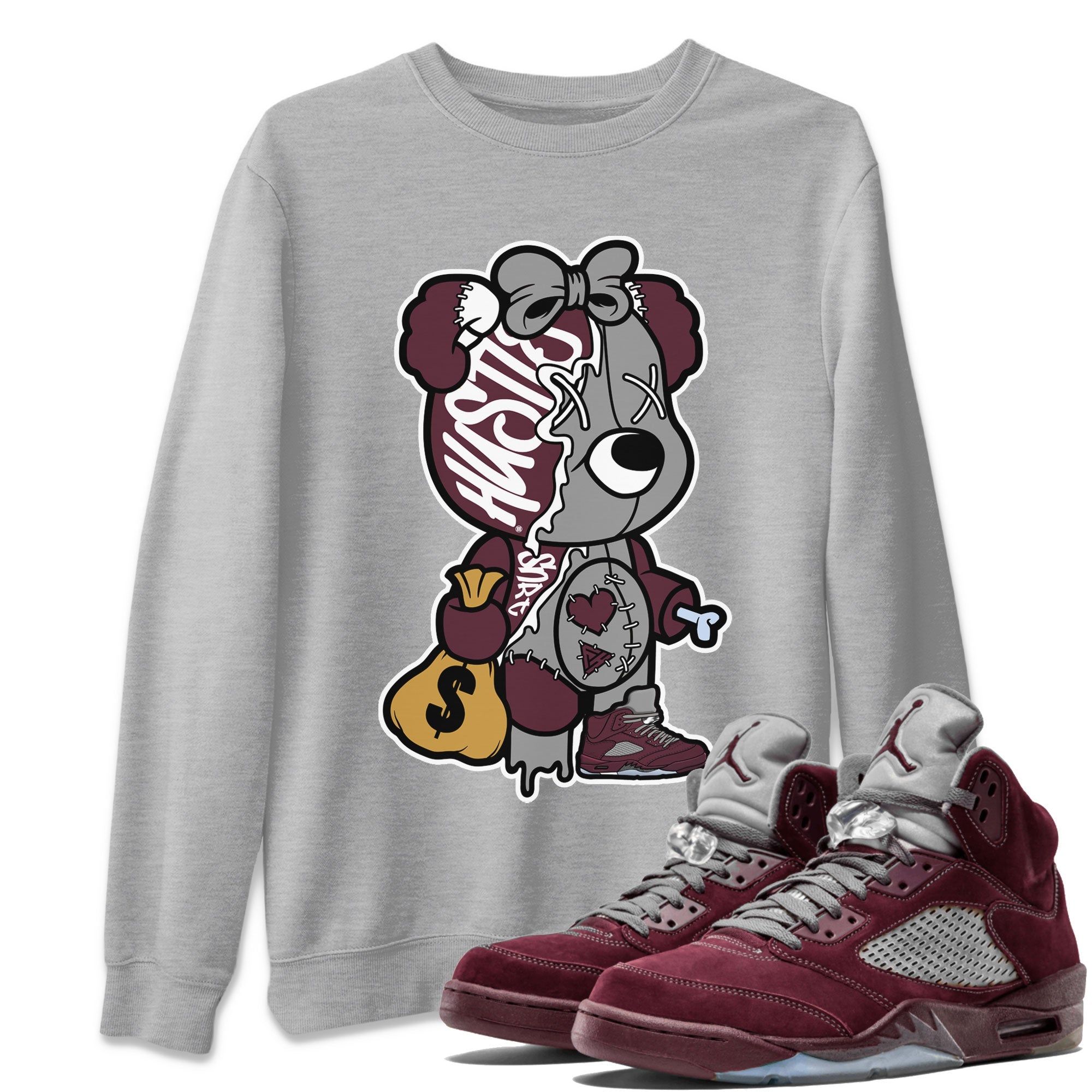 AJ5 Burgundy shirt to match jordans Stitched Hustle Bear sneaker tees Air Jordan 5 Burgundy SNRT Sneaker Release Tees Unisex Heather Grey 1 T-Shirt