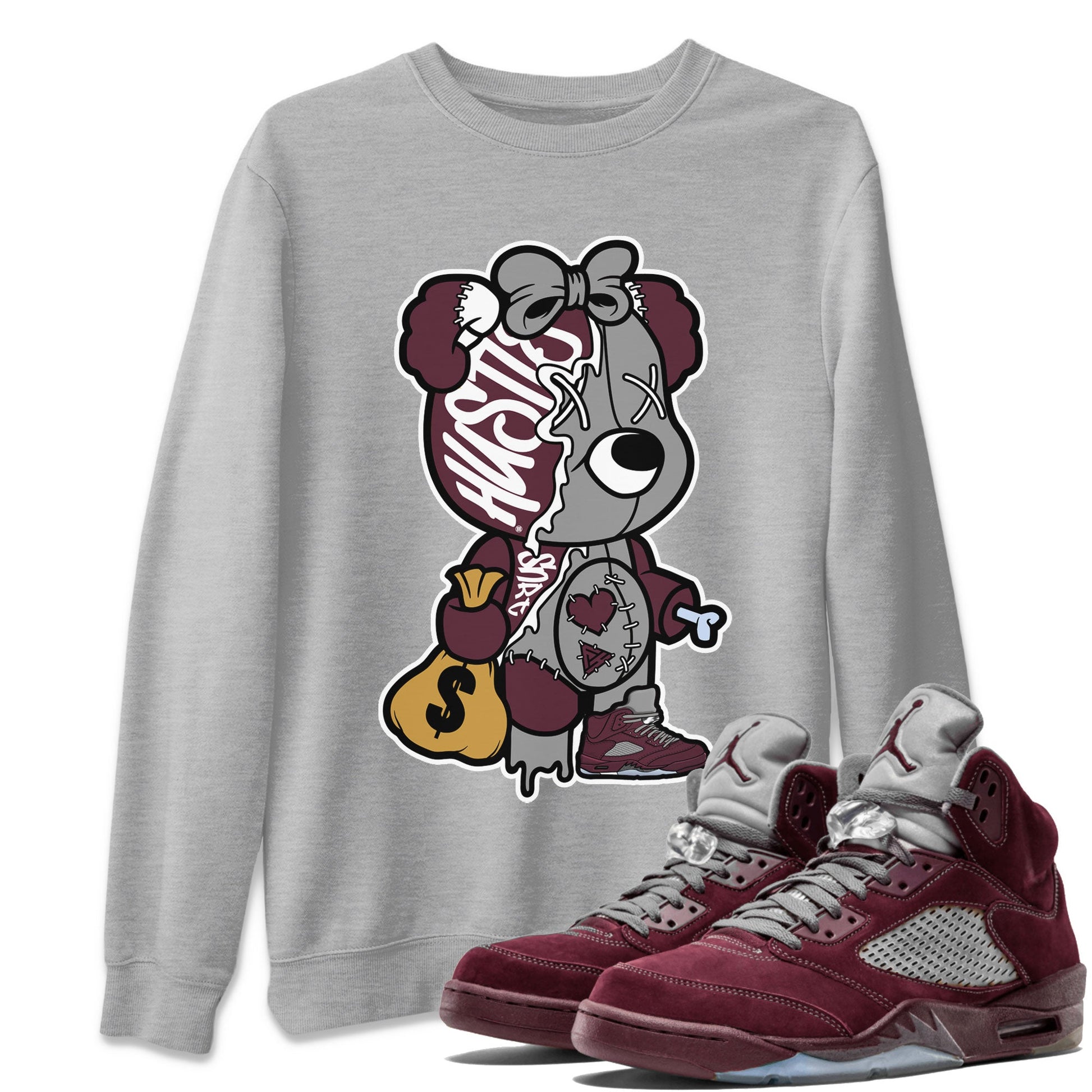 AJ5 Burgundy shirt to match jordans Stitched Hustle Bear sneaker tees Air Jordan 5 Burgundy SNRT Sneaker Release Tees Unisex Heather Grey 1 T-Shirt