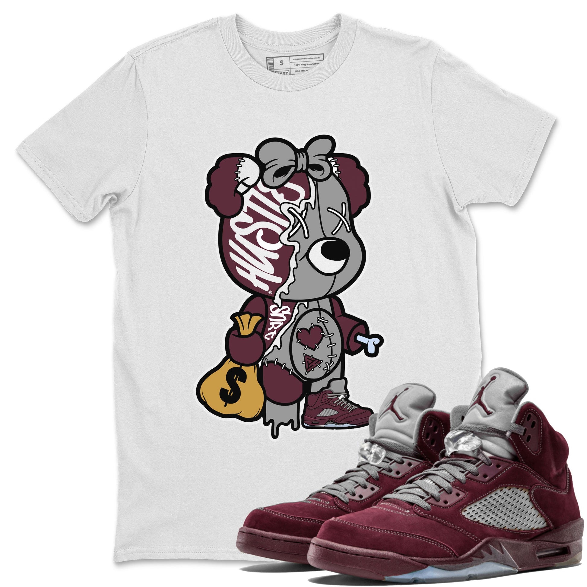 AJ5 Burgundy shirt to match jordans Stitched Hustle Bear sneaker tees Air Jordan 5 Burgundy SNRT Sneaker Release Tees Unisex White 1 T-Shirt