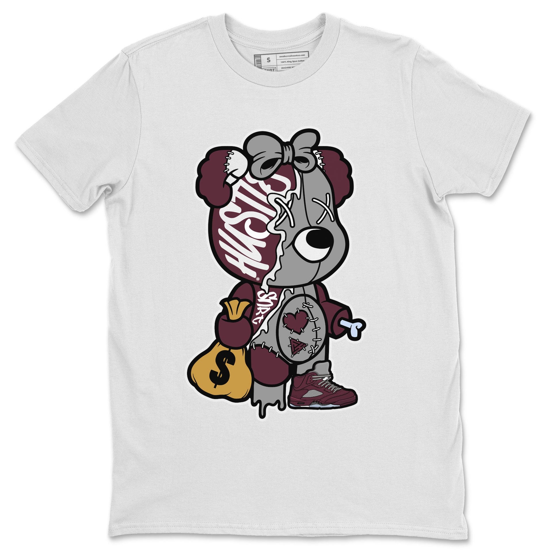 AJ5 Burgundy shirt to match jordans Stitched Hustle Bear sneaker tees Air Jordan 5 Burgundy SNRT Sneaker Release Tees Unisex White 2 T-Shirt