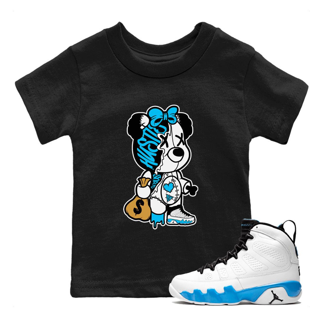AJ9 Powder Blue shirt to match jordans Stitched Hustle Bear sneaker tees Air Jordan 9 Powder Blue SNRT sneaker release tees baby toddler Black 1 cotton Shirt