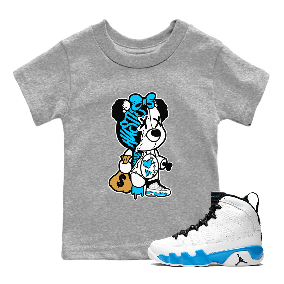 AJ9 Powder Blue shirt to match jordans Stitched Hustle Bear sneaker tees Air Jordan 9 Powder Blue SNRT sneaker release tees baby toddler Heather Grey 1 cotton Shirt