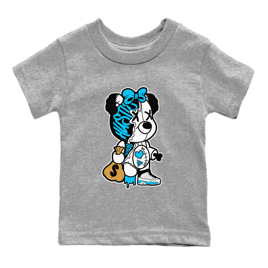 AJ9 Powder Blue shirt to match jordans Stitched Hustle Bear sneaker tees Air Jordan 9 Powder Blue SNRT sneaker release tees baby toddler Heather Grey 2 cotton Shirt