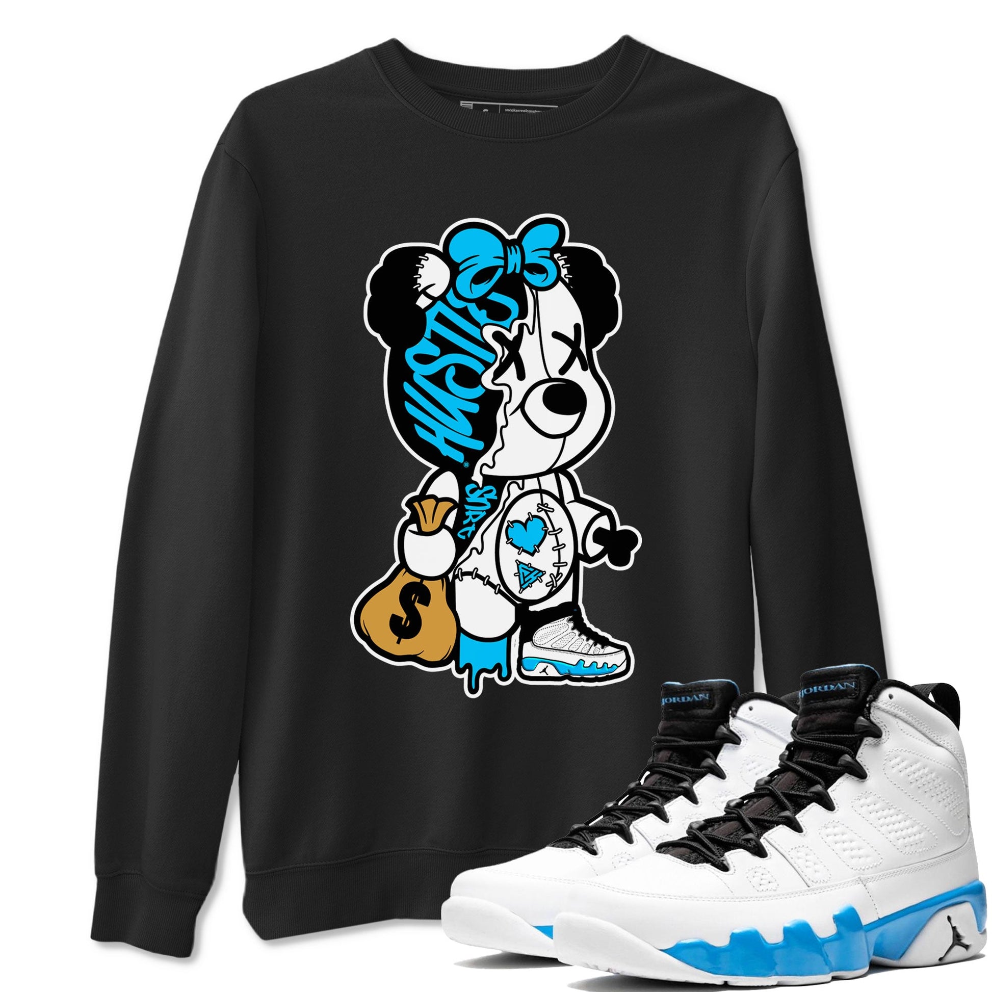 AJ9 Powder Blue shirt to match jordans Stitched Hustle Bear sneaker tees Air Jordan 9 Powder Blue SNRT Sneaker Release Tees unisex cotton Black 1 crew neck shirt