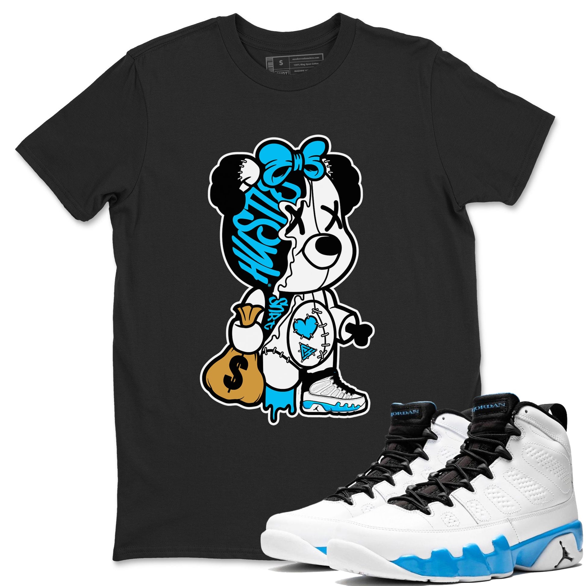 AJ9 Powder Blue shirt to match jordans Stitched Hustle Bear sneaker tees Air Jordan 9 Powder Blue SNRT Sneaker Release Tees unisex cotton Black 1 crew neck shirt