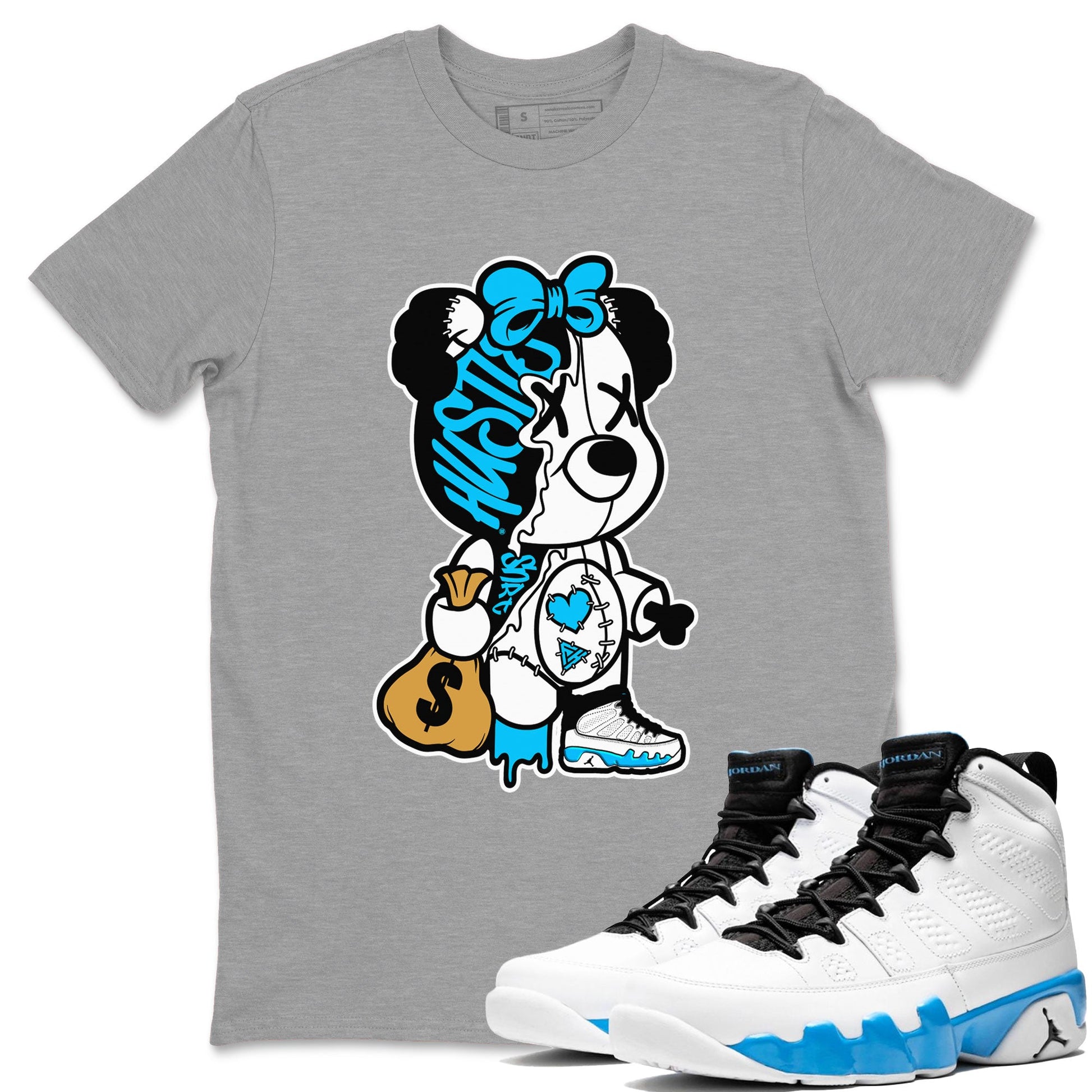 AJ9 Powder Blue shirt to match jordans Stitched Hustle Bear sneaker tees Air Jordan 9 Powder Blue SNRT Sneaker Release Tees unisex cotton Heather Grey 1 crew neck shirt