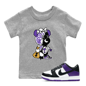 Stitched Hustle Bear unique Halloween sneaker tee to Court Purple Dunks street fashion brand for shirts to match Jordans SNRT Sneaker Tees Dunk Low Court Purple unisex t-shirt Heather Grey 1 youth shirt