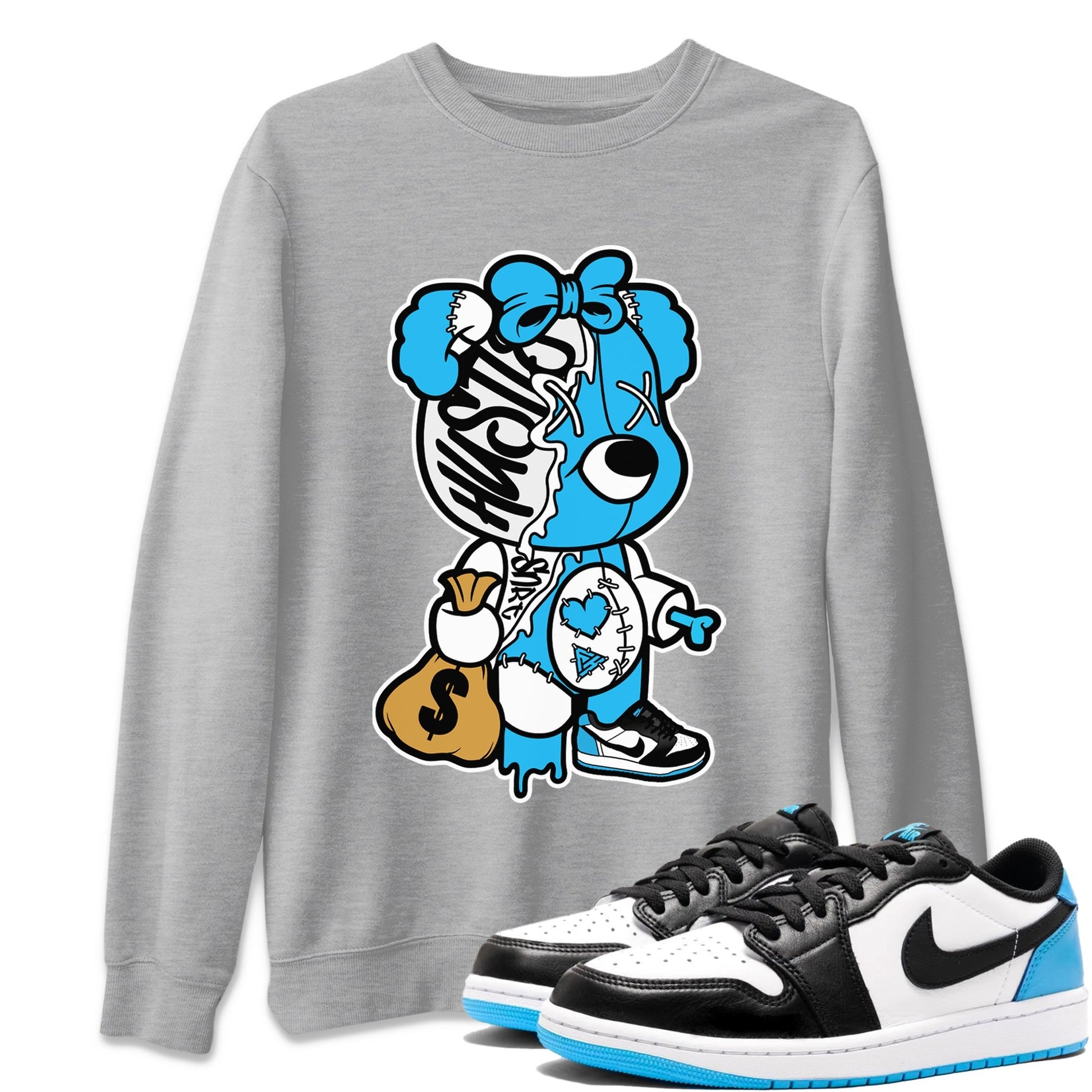 Jordan 1 Powder Blue unique Halloween sneaker tee Stitched Hustle Bear Sneaker Tees Jordan 1 Powder Blue Sneaker Release Tees Unisex Shirts