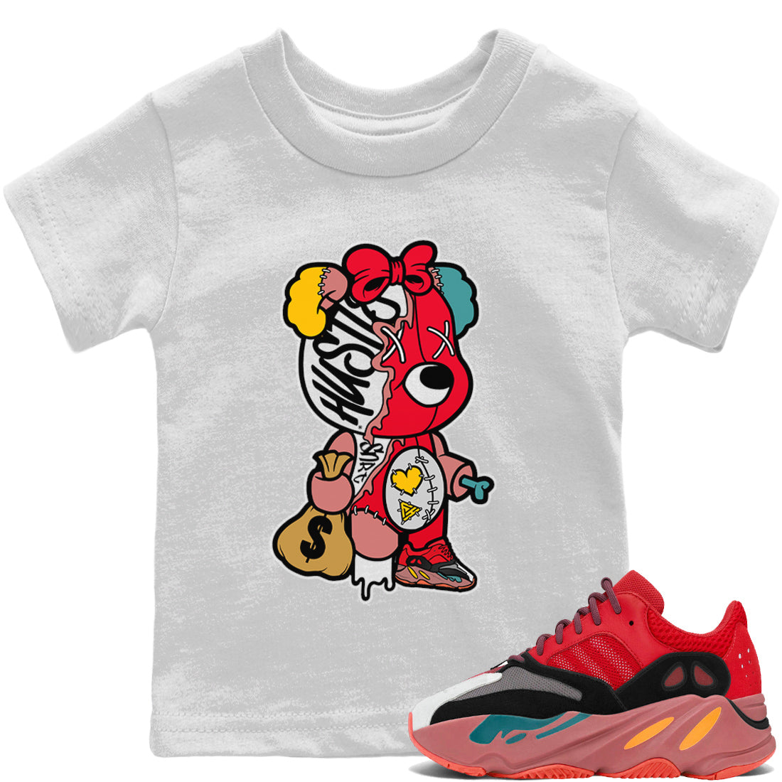 Yeezy 700 Hi-Res Red Sneaker Match Tees Stitched Hustle Bear Sneaker Tees Yeezy 700 Hi-Res Red Sneaker Release Tees Kids Shirts