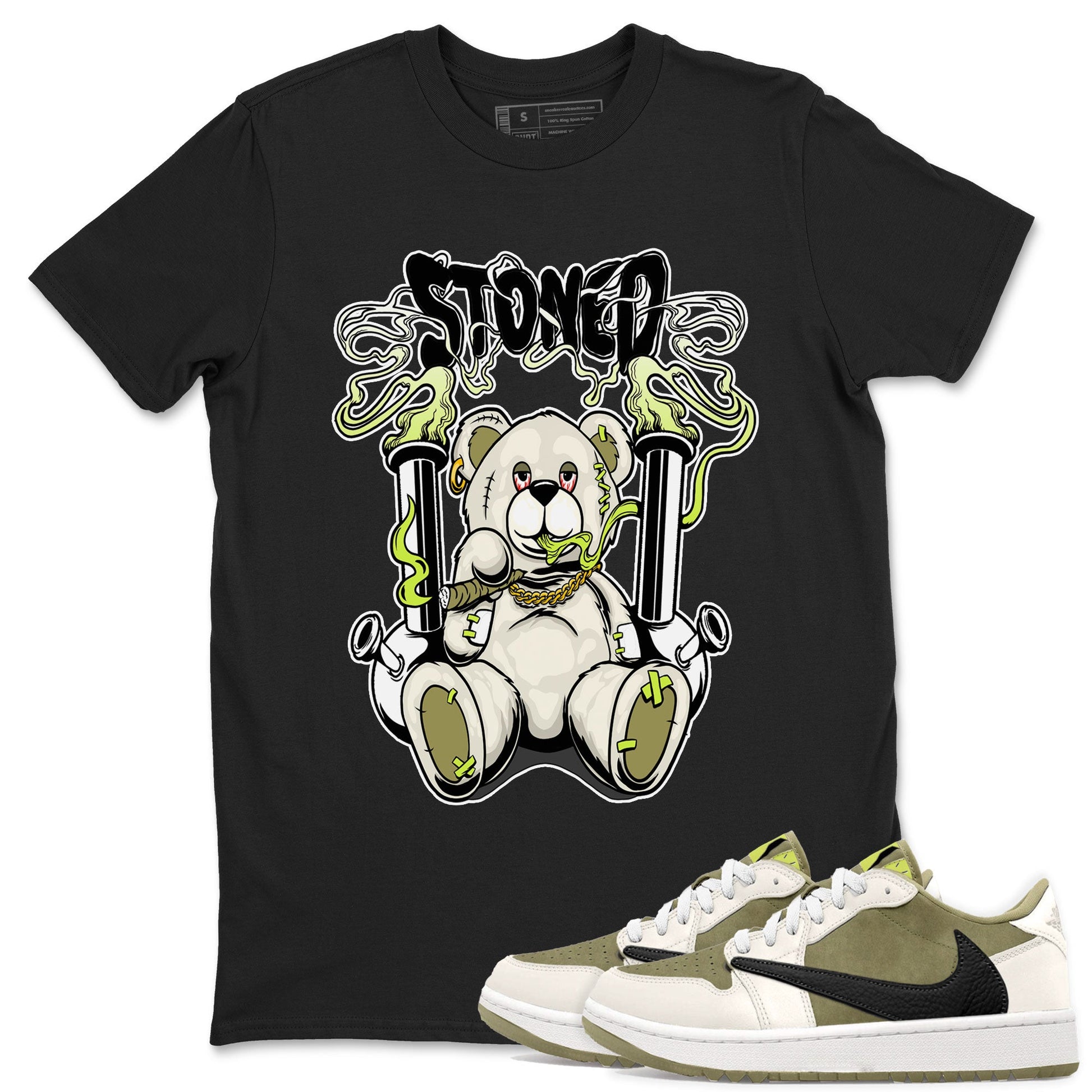 Jordan 1 Low X Travis Scott Golf Olive shirt to match jordans Stoned Bear sneaker matching t-shirt Air Jordan 1 Travis Scott Golf Olive SNRT Sneaker Release Tees Unisex Black 1 T-Shirt