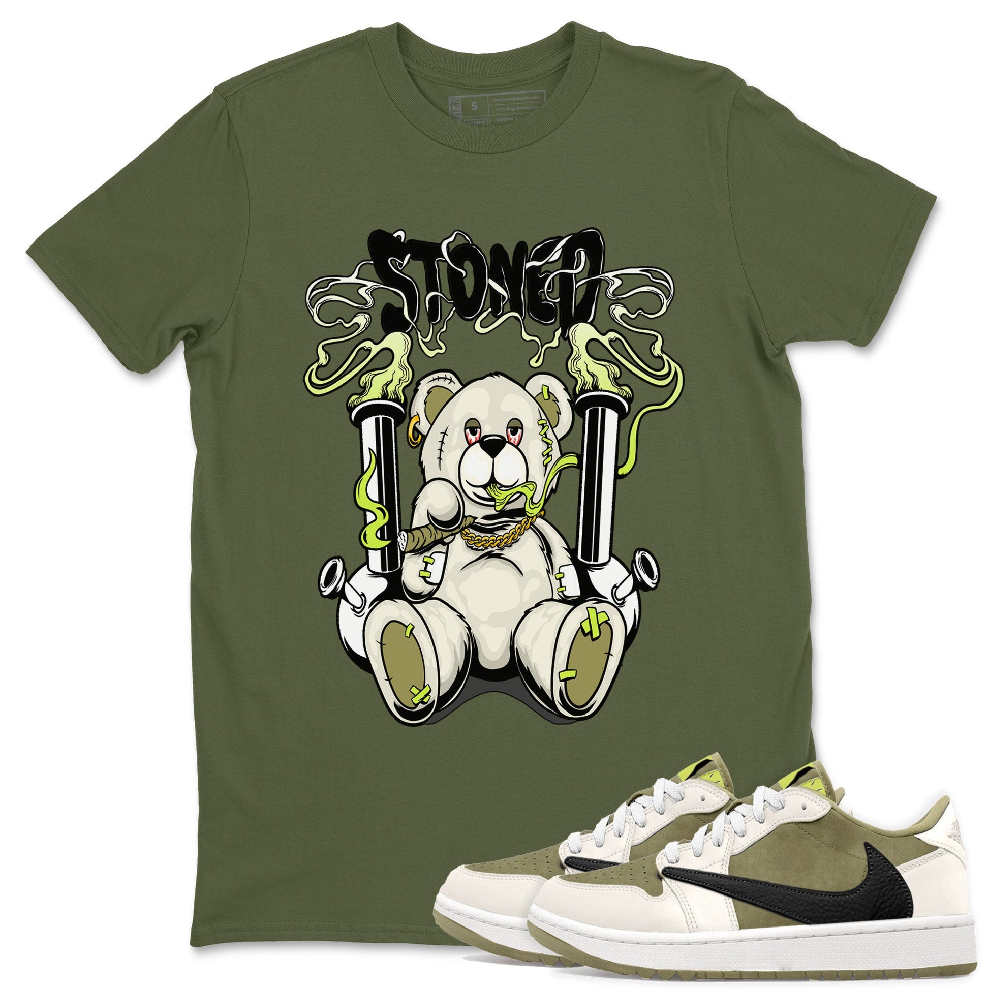 Jordan 1 Low X Travis Scott Golf Olive shirt to match jordans Stoned Bear sneaker matching t-shirt Air Jordan 1 Travis Scott Golf Olive SNRT Sneaker Release Tees Unisex Military Green 1 T-Shirt