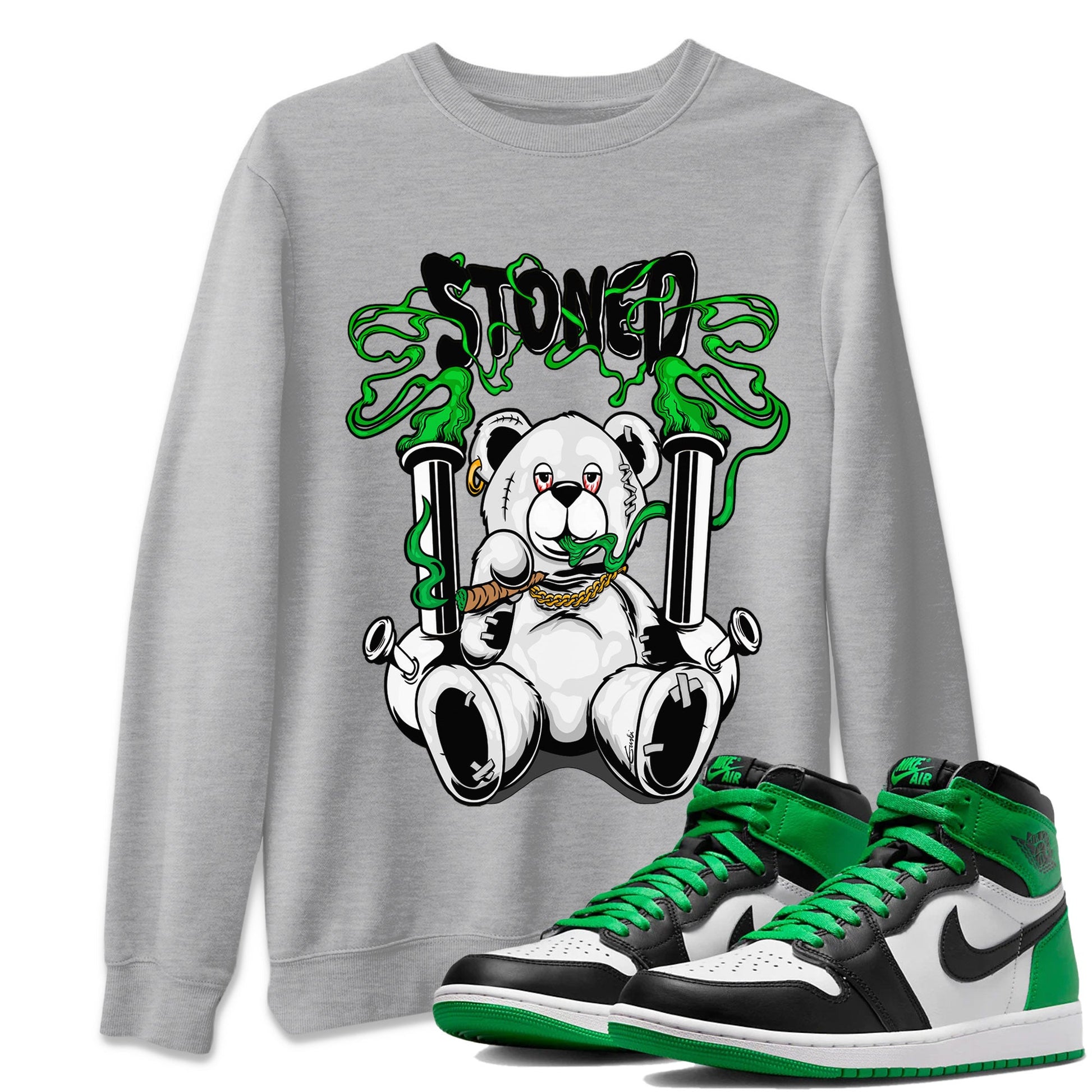 Air Jordan 1 Celtics Sneaker Match Tees Stoned Bear Sneaker Tees Air Jordan 1 Lucky Green Celtics Tees Unisex Shirts Heather Grey 1