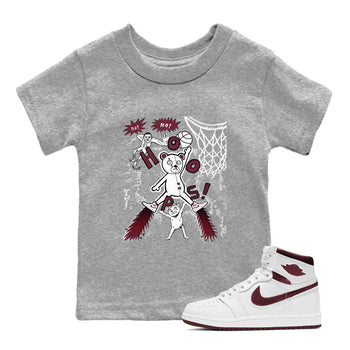 AJ1 Metallic Burgundy shirt to match jordans Stop The Bear sneaker tees Air Jordan 1 Metallic Burgundy SNRT sneaker release tees baby toddler Heather Grey 1 cotton Shirt