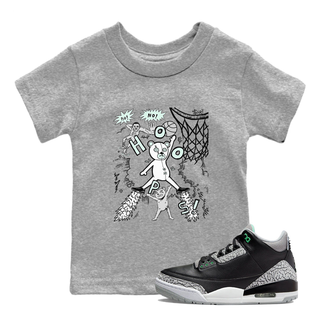 3s Green Glow shirt to match jordans Stop The Bear sneaker tees Air Jordan 3 Retro Green Glow SNRT sneaker release tees baby toddler Heather Grey 1 cotton Shirt