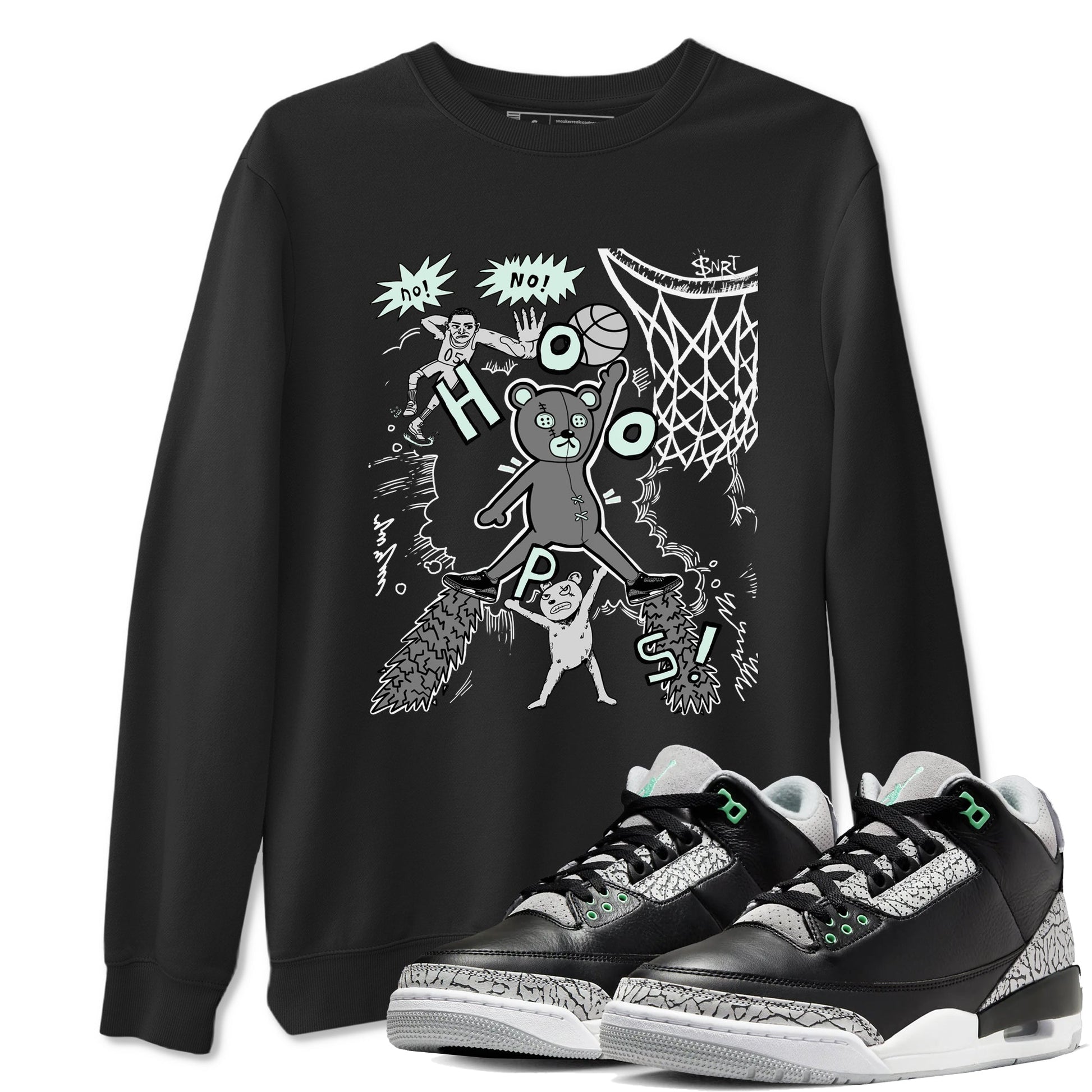 3s Green Glow shirt to match jordans Stop The Bear sneaker tees Air Jordan 3 Retro Green Glow SNRT Sneaker Release Tees unisex cotton Black 1 crew neck shirt
