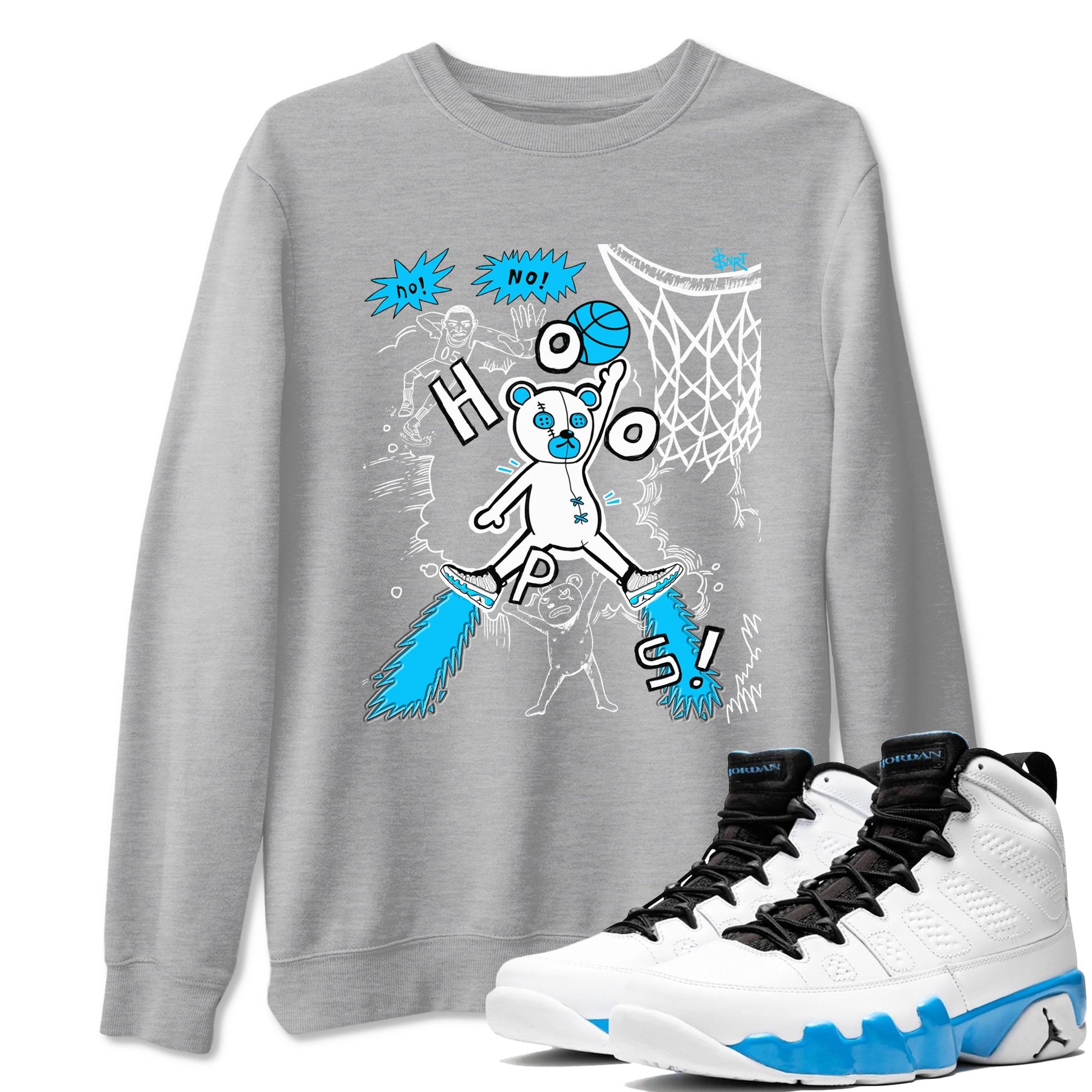 9s Powder Blue shirt to match jordans Stop The Bear sneaker tees Air Jordan 9 Powder Blue SNRT Sneaker Release Tees unisex cotton Heather Grey 1 crew neck shirt