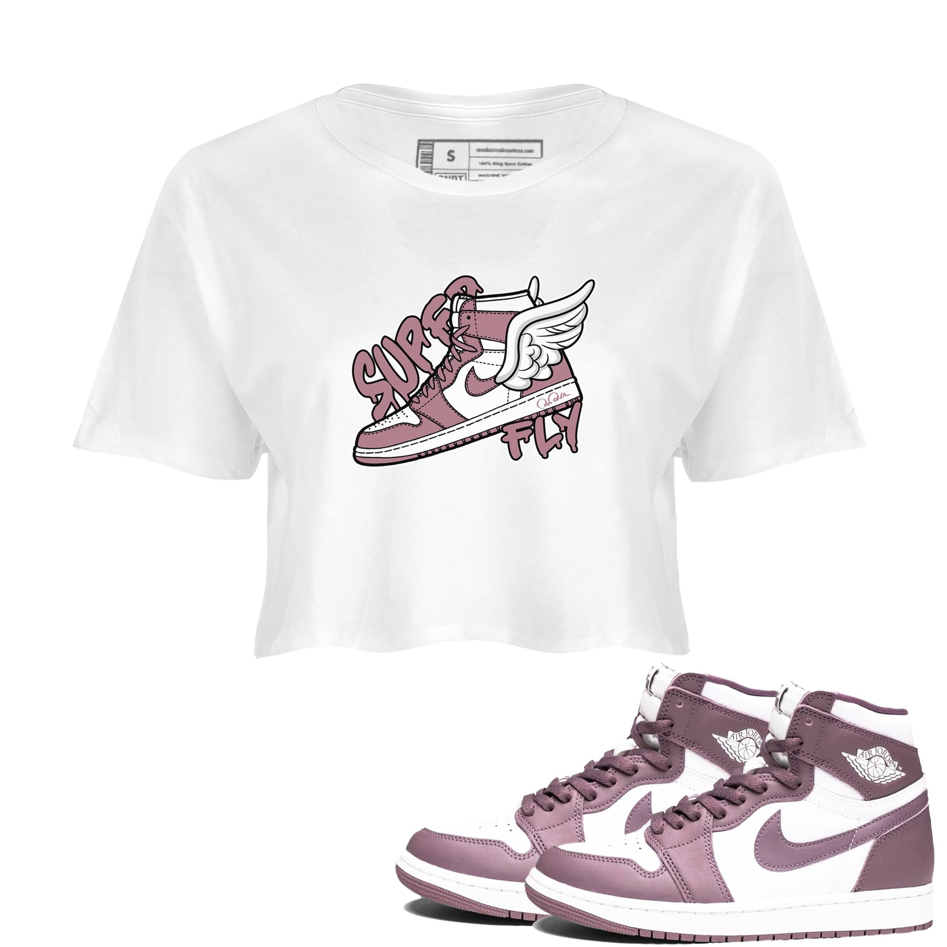 Air Jordan 1 Mauve shirt to match jordans Super Fly sneaker tees AJ1Mauve SNRT Sneaker Release Tees White 1 Crop T-Shirt