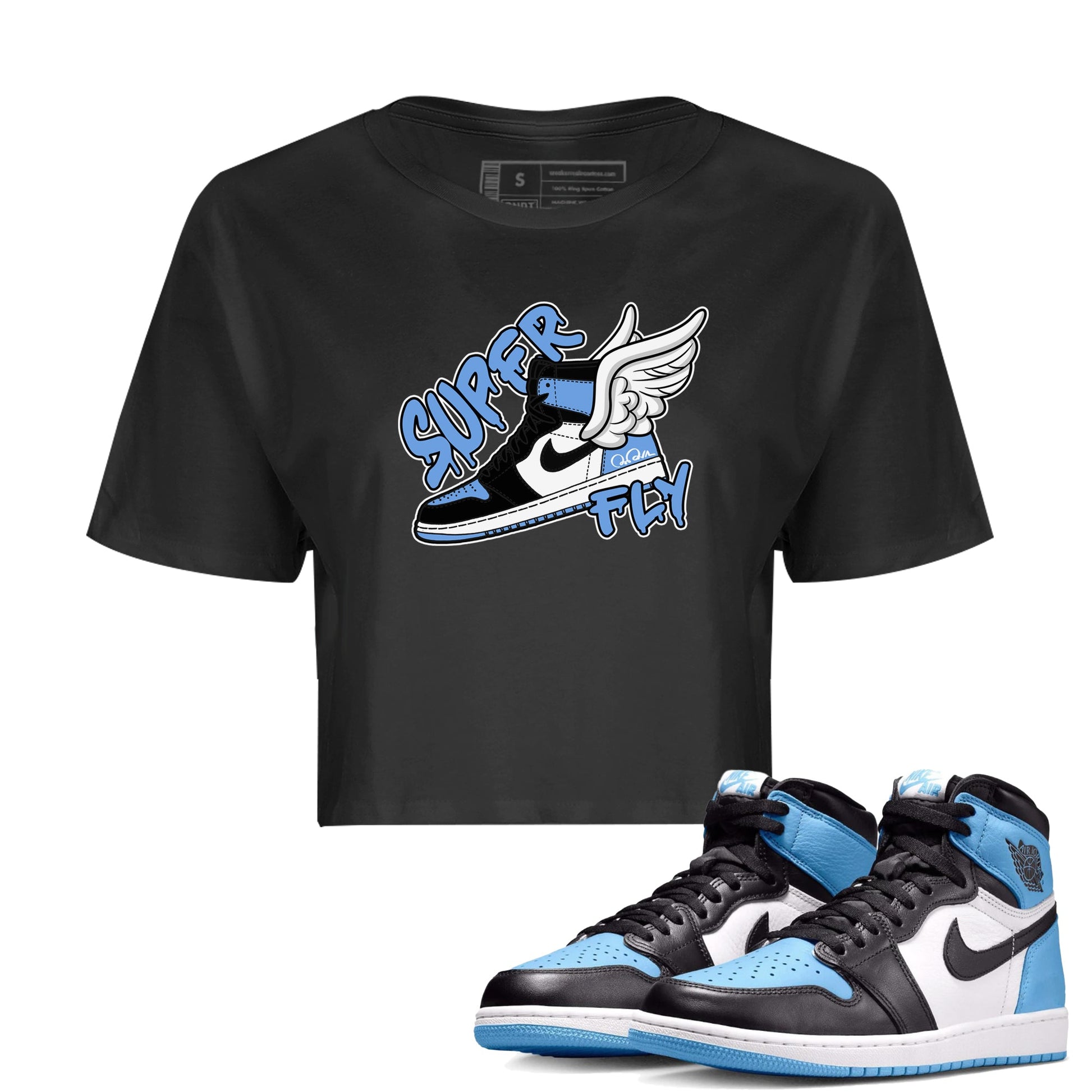 Air Jordan 1 Retro High OG UNC Toe Shirt to match Jordans Super Fly Sneaker Tees AJ1 UNC Toe SNRT Sneaker Release Tees Crop T-Shirts Black 1