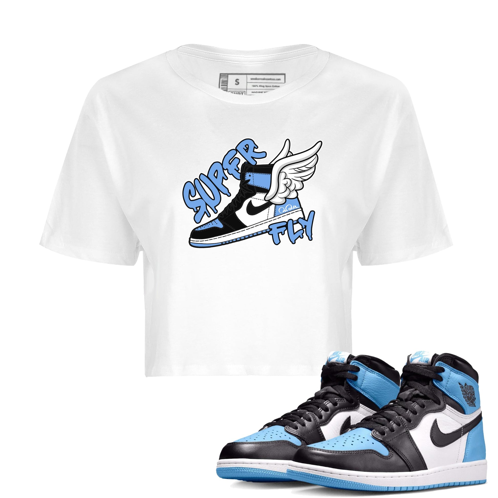 Air Jordan 1 Retro High OG UNC Toe Shirt to match Jordans Super Fly Sneaker Tees AJ1 UNC Toe SNRT Sneaker Release Tees Crop T-Shirts White 1