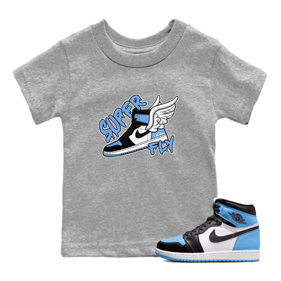 Air Jordan 1 Retro High OG UNC Toe Shirt to match Jordans Super Fly Sneaker Tees AJ1 UNC Toe SNRT Sneaker Release Tees Kids and Baby Tees Heather Grey 1