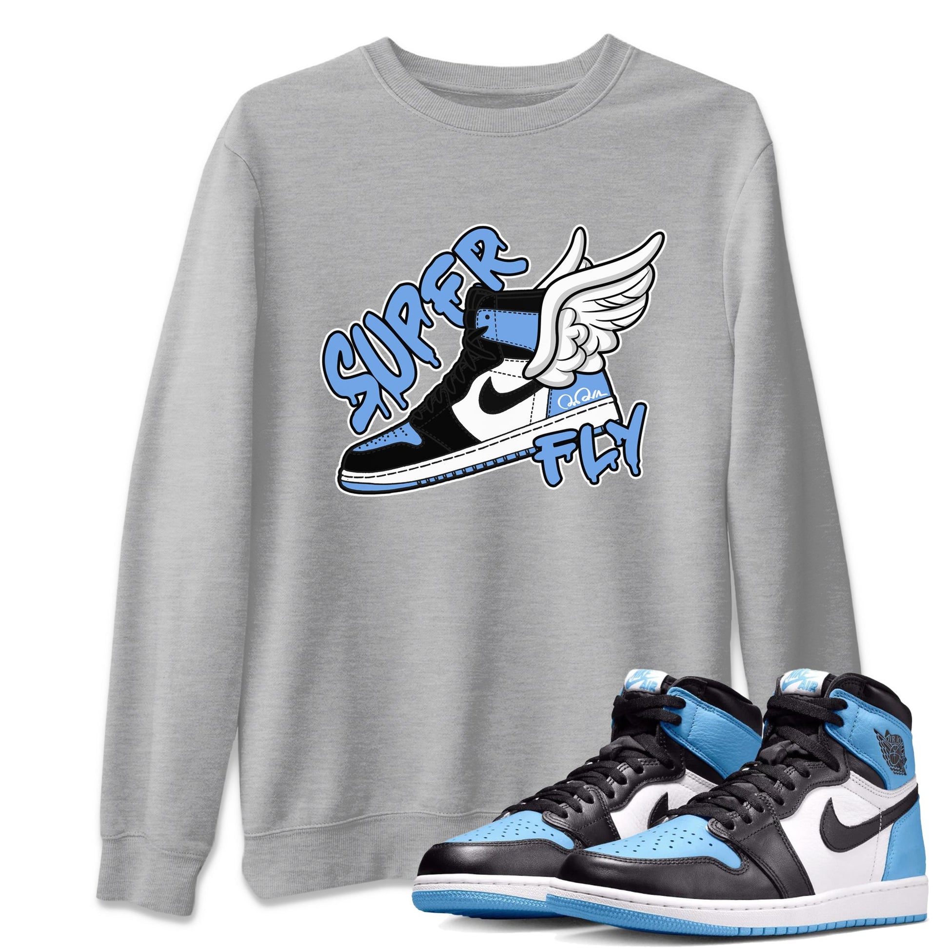 Air Jordan 1 Retro High OG UNC Toe Shirt to match Jordans Super Fly Sneaker Tees AJ1 UNC Toe SNRT Sneaker Release Tees Crew Neck T-Shirts Heather Grey 1