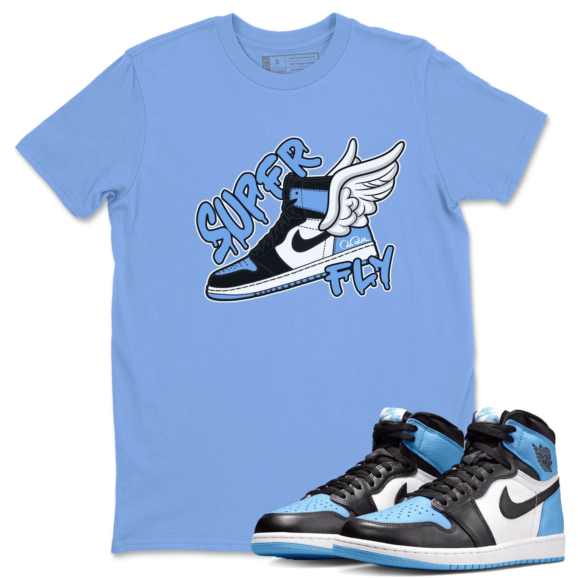 Air Jordan 1 Retro High OG UNC Toe Shirt to match Jordans Super Fly Sneaker Tees AJ1 UNC Toe SNRT Sneaker Release Tees Crew Neck T-Shirts Carolina Blue 1