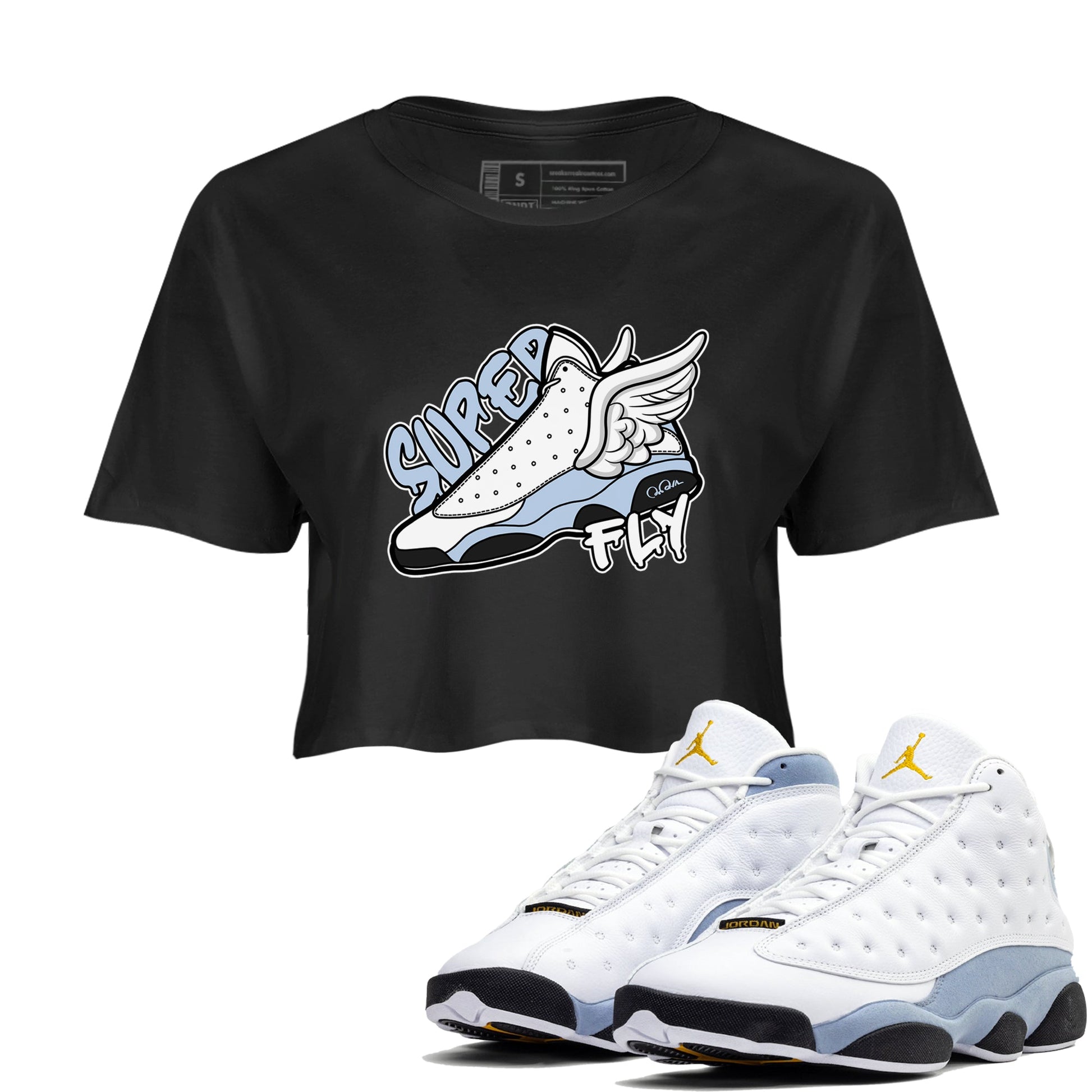 Air Jordan 13 Blue Grey shirt to match jordans Super Fly sneaker tees AJ13 Blue Grey SNRT Sneaker Release Tees Black 1 crop length shirt