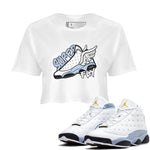 Air Jordan 13 Blue Grey shirt to match jordans Super Fly sneaker tees AJ13 Blue Grey SNRT Sneaker Release Tees White 1 crop length shirt