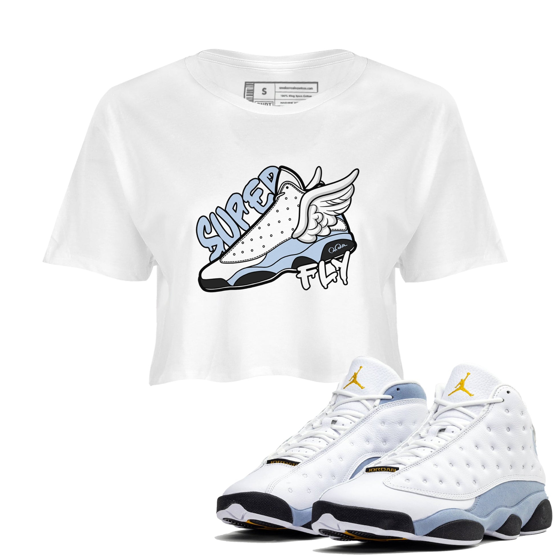 Air Jordan 13 Blue Grey shirt to match jordans Super Fly sneaker tees AJ13 Blue Grey SNRT Sneaker Release Tees White 1 crop length shirt