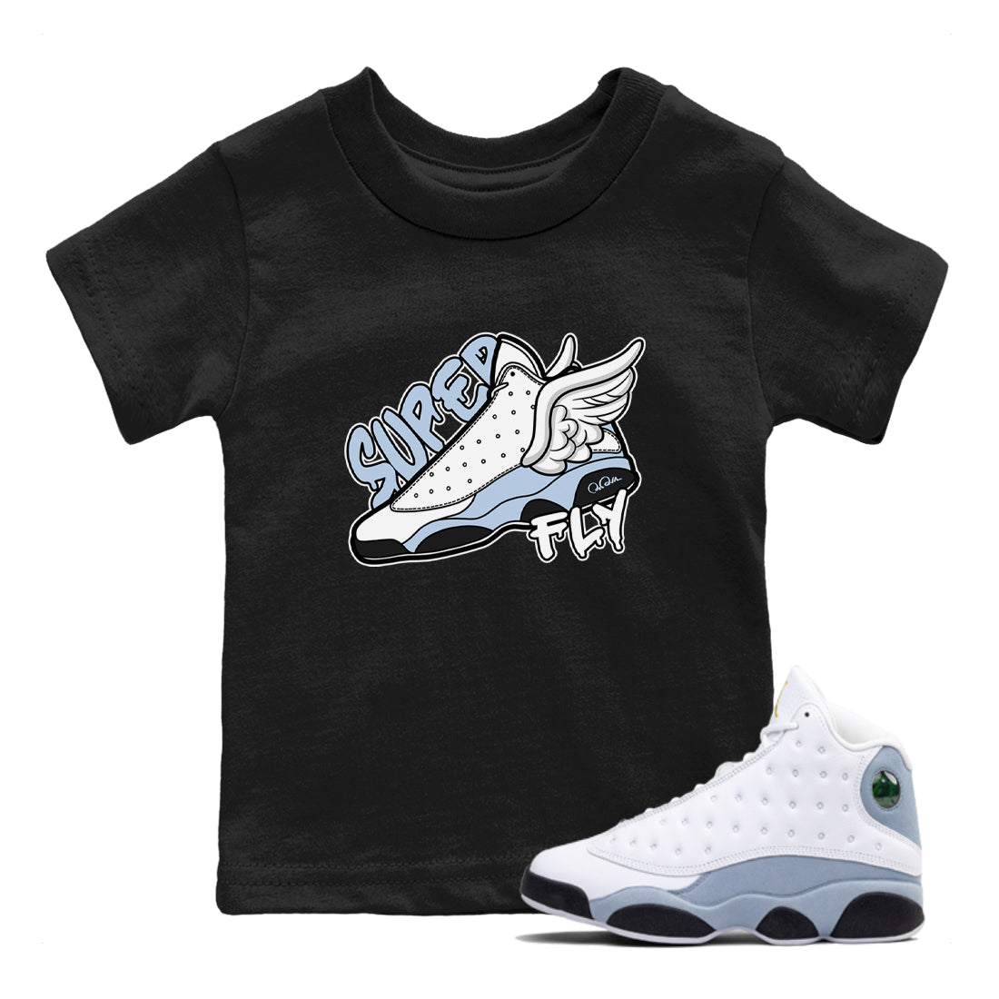 Air Jordan 13 Blue Grey shirt to match jordans Super Fly sneaker tees AJ13 Blue Grey SNRT sneaker release tees baby toddler Black 1 cotton Shirt