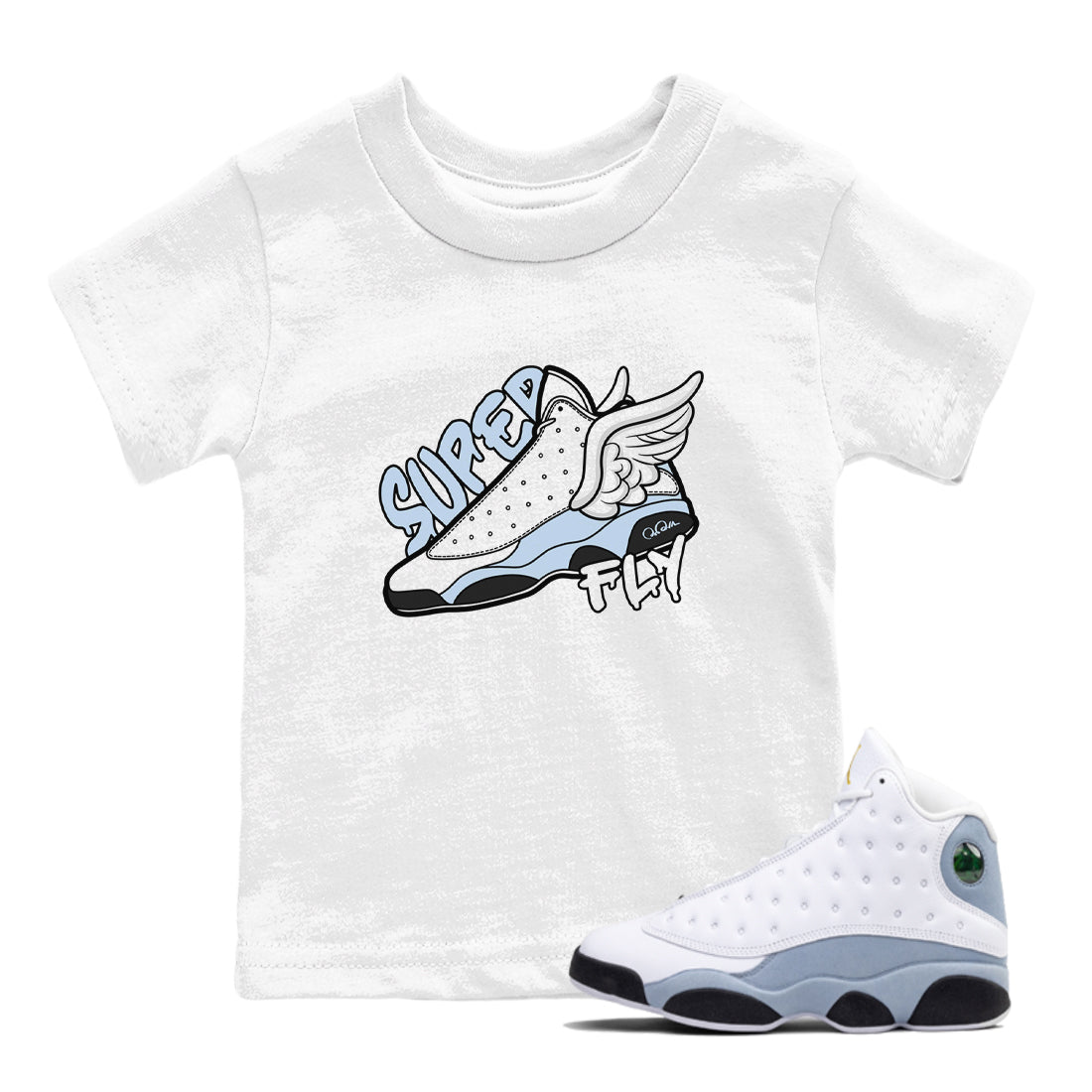 Air Jordan 13 Blue Grey shirt to match jordans Super Fly sneaker tees AJ13 Blue Grey SNRT sneaker release tees baby toddler White 1 cotton Shirt