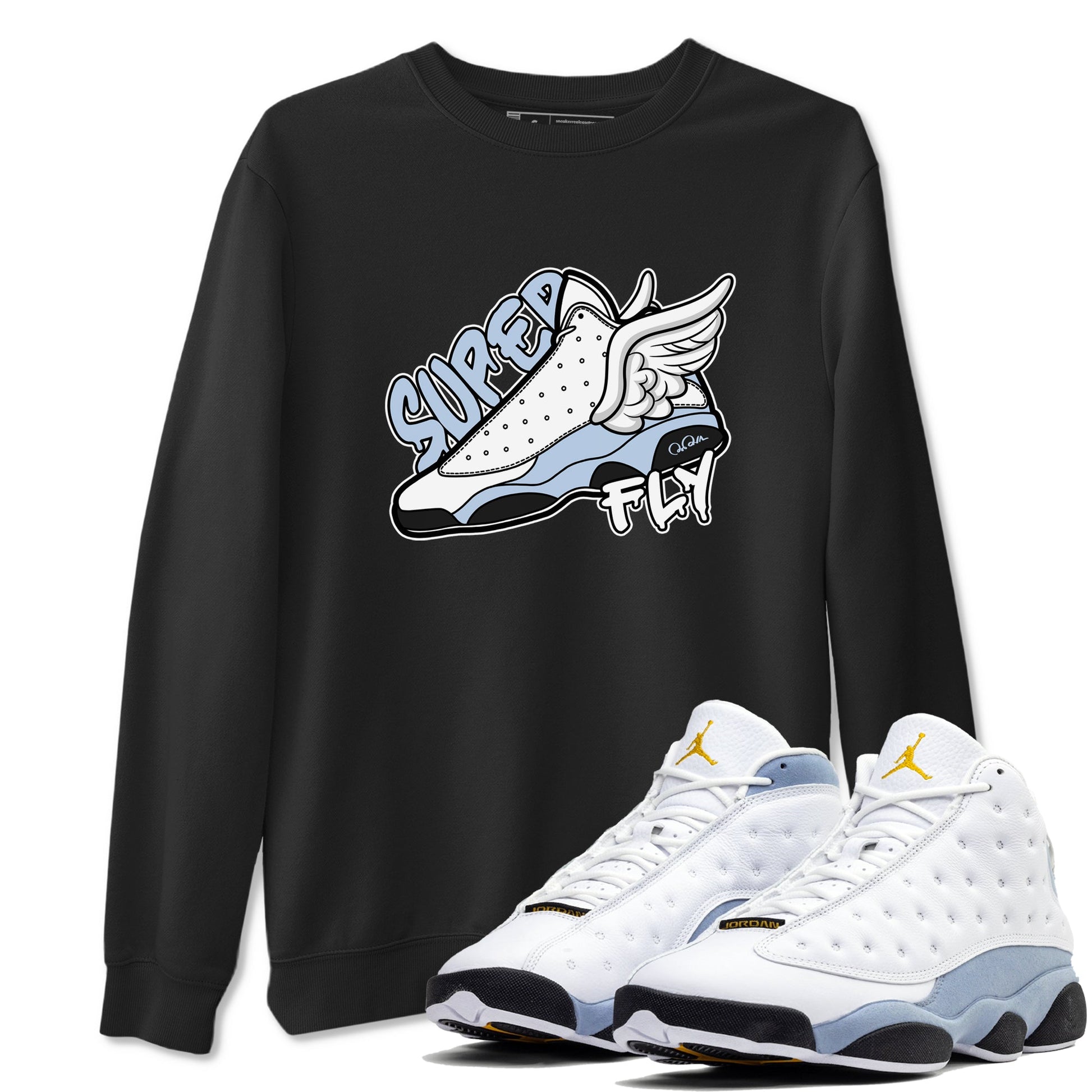 Air Jordan 13 Blue Grey shirt to match jordans Super Fly sneaker tees AJ13 Blue Grey SNRT Sneaker Release Tees unisex cotton Black 1 crew neck shirt