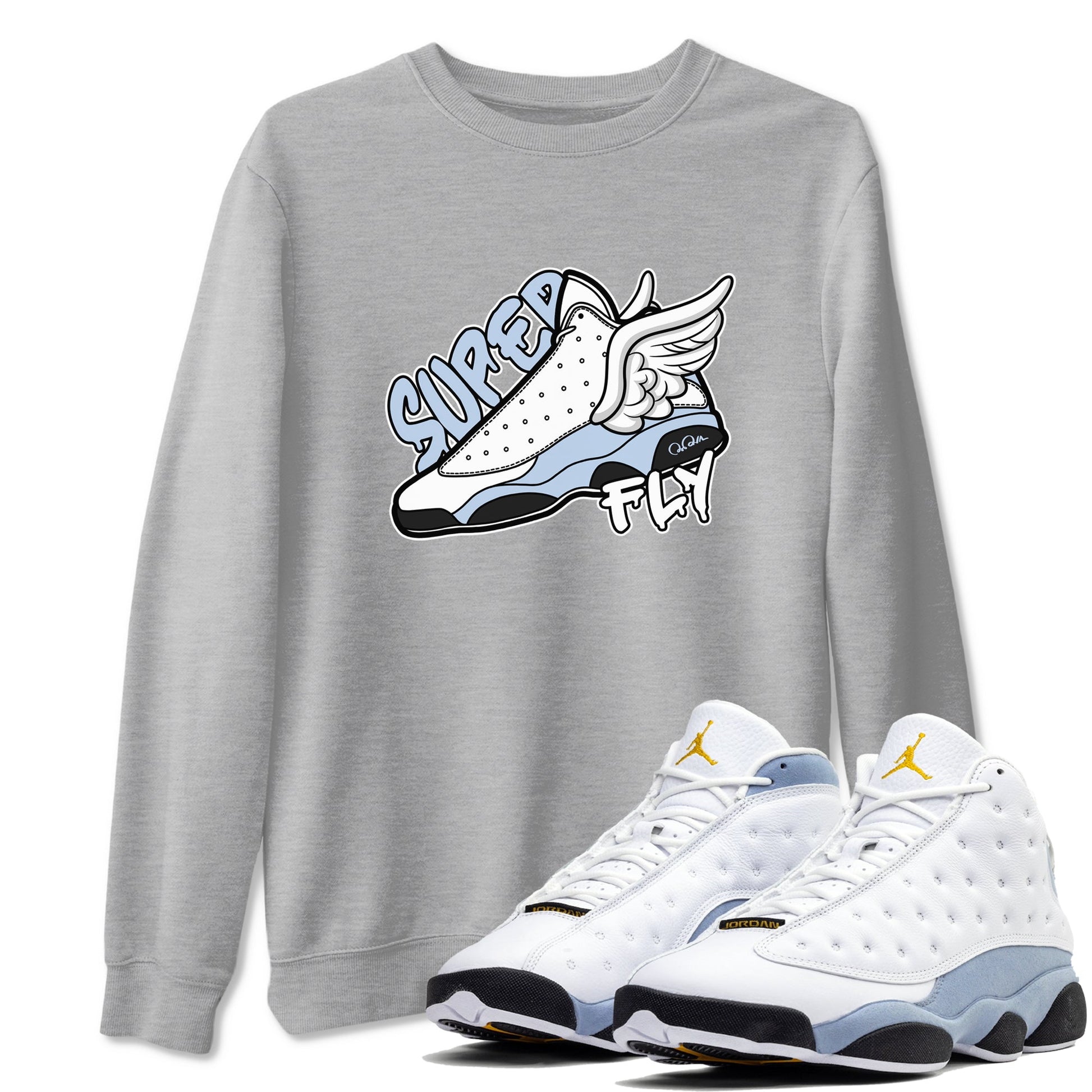 Air Jordan 13 Blue Grey shirt to match jordans Super Fly sneaker tees AJ13 Blue Grey SNRT Sneaker Release Tees unisex cotton Heather Grey 1 crew neck shirt