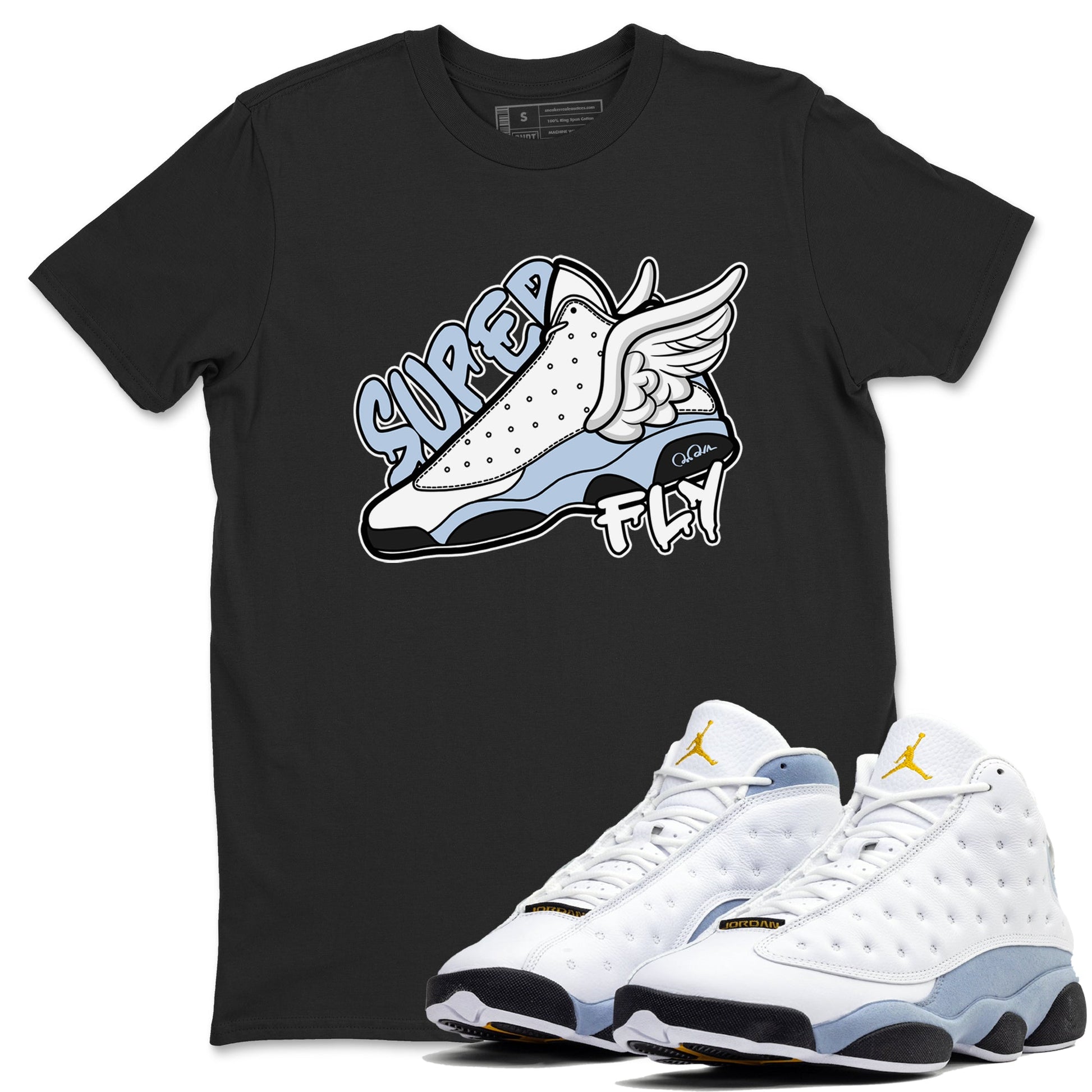 Air Jordan 13 Blue Grey shirt to match jordans Super Fly sneaker tees AJ13 Blue Grey SNRT Sneaker Release Tees unisex cotton Black 1 crew neck shirt