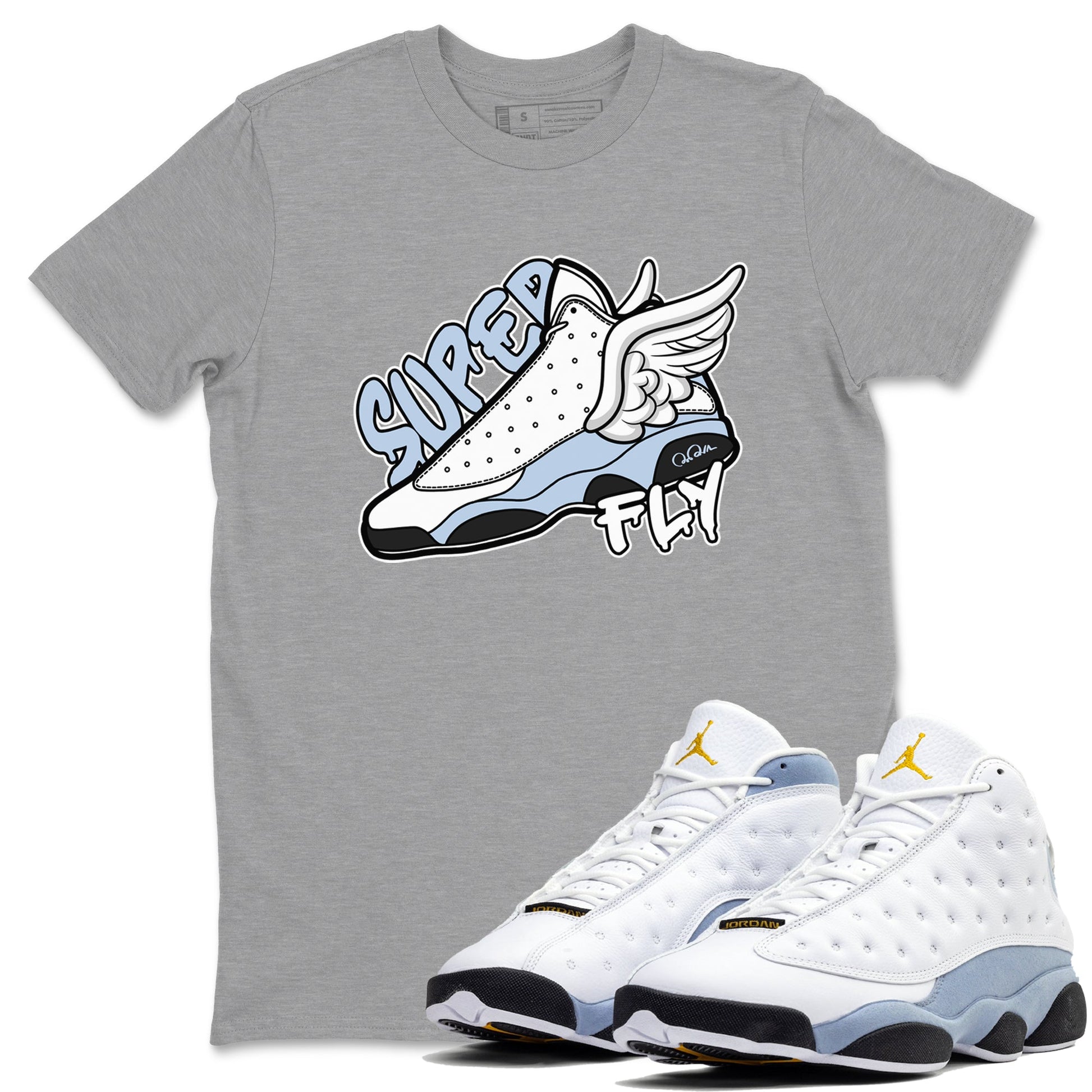 Air Jordan 13 Blue Grey shirt to match jordans Super Fly sneaker tees AJ13 Blue Grey SNRT Sneaker Release Tees unisex cotton Heather Grey 1 crew neck shirt