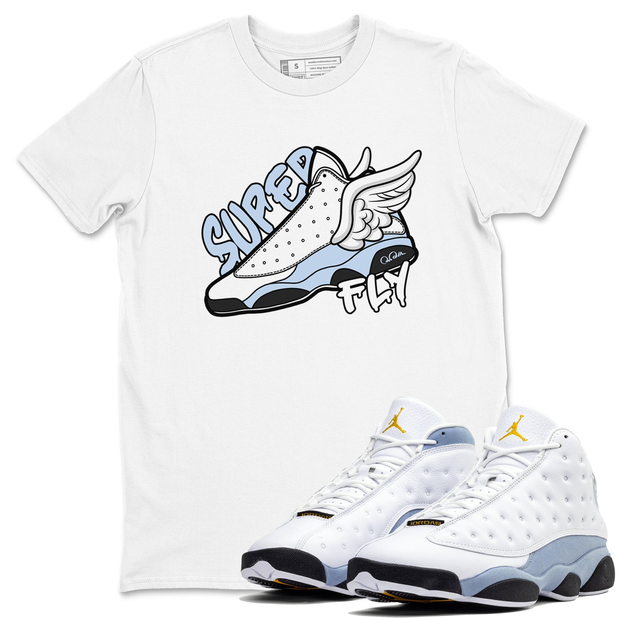 Air Jordan 13 Blue Grey shirt to match jordans Super Fly sneaker tees AJ13 Blue Grey SNRT Sneaker Release Tees unisex cotton White 1 crew neck shirt