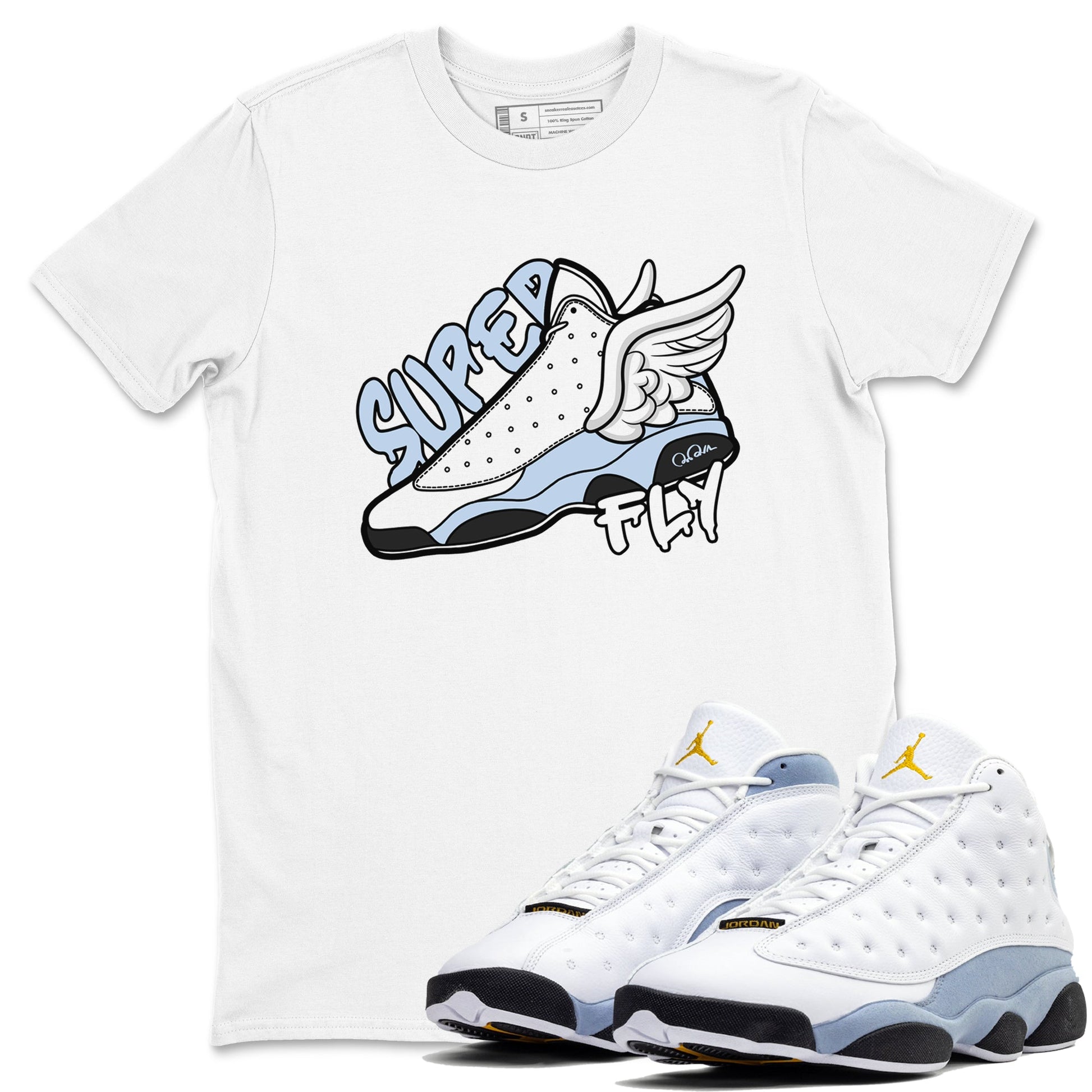 Air Jordan 13 Blue Grey shirt to match jordans Super Fly sneaker tees AJ13 Blue Grey SNRT Sneaker Release Tees unisex cotton White 1 crew neck shirt