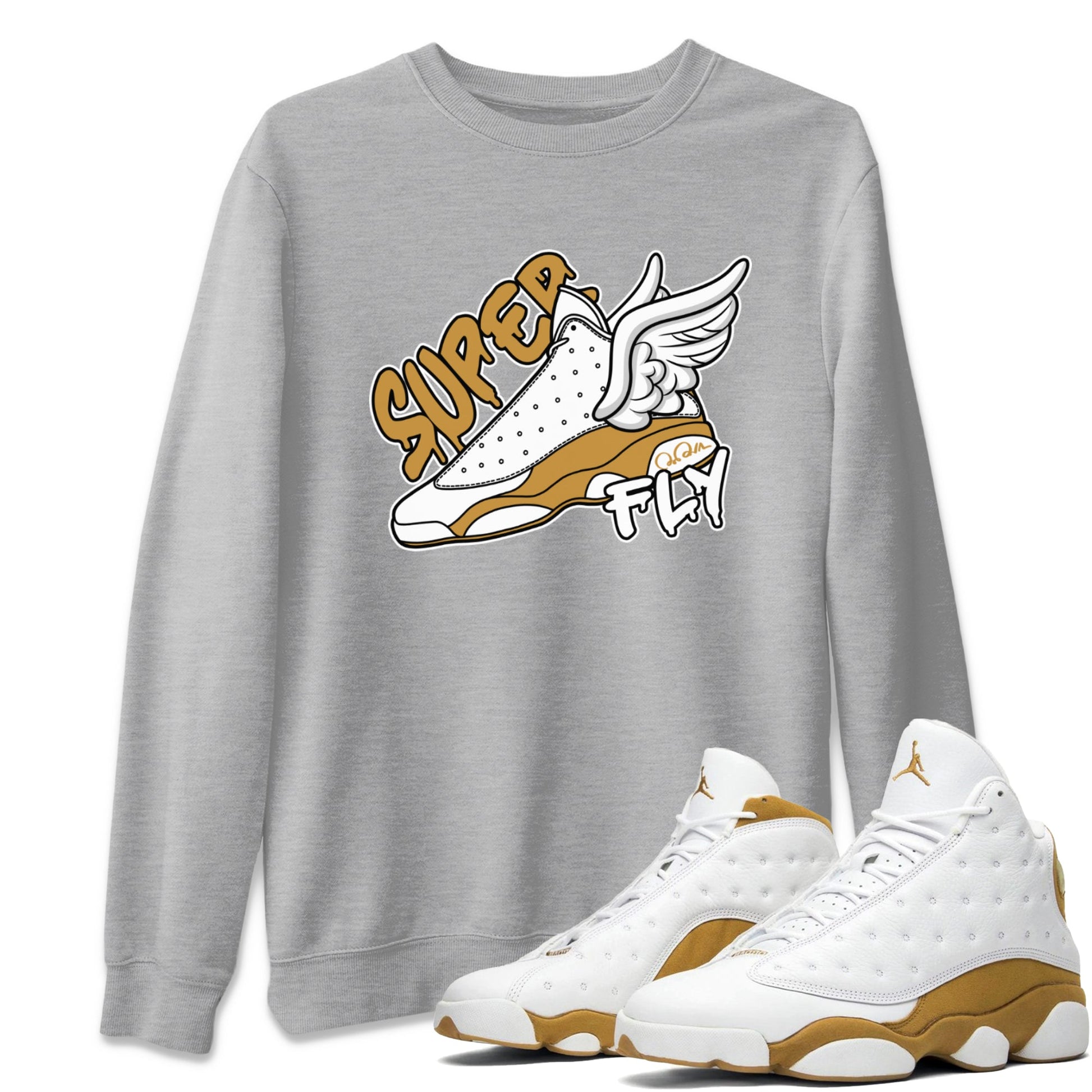 Air Jordan 13 Wheat Sneaker Match Tees Super Fly Sneaker Tees AJ13 Wheat Sneaker Release Tees Unisex Shirts Heather Grey 1