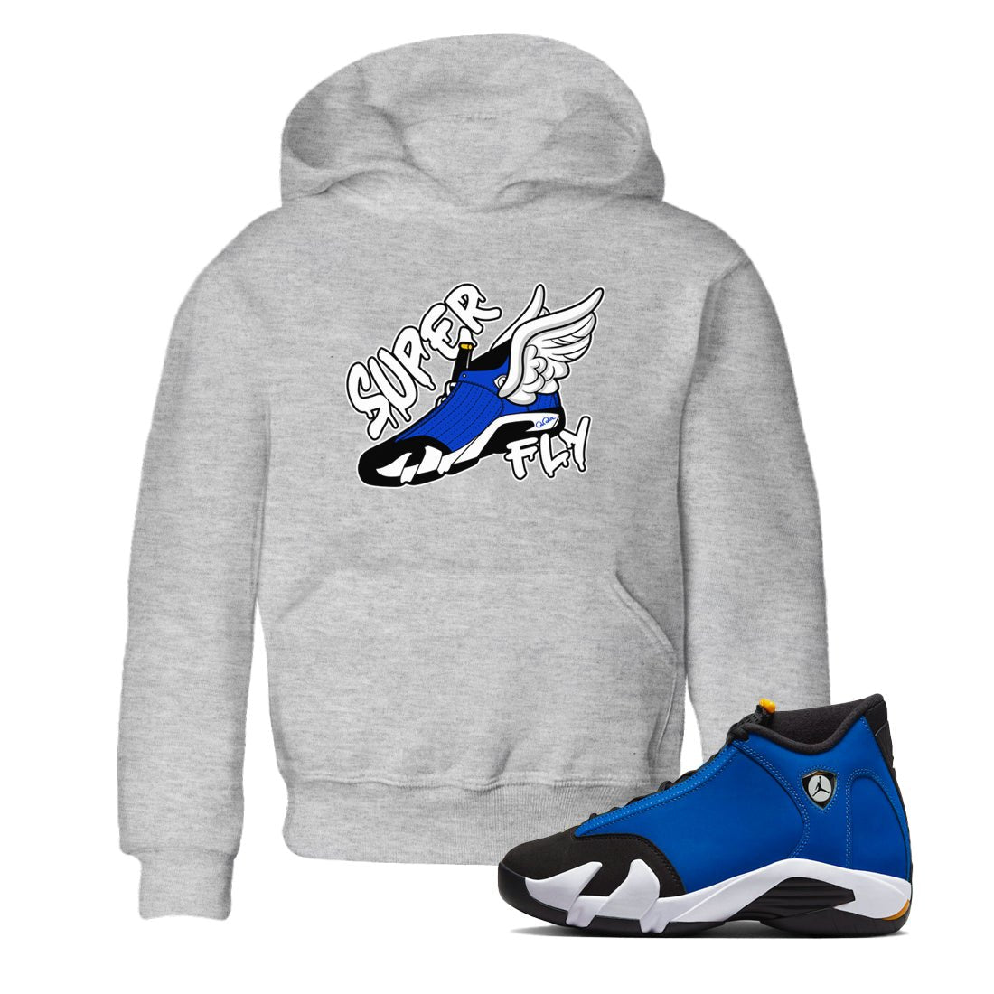 Air Jordan 14 Laney Sneaker Match Tees Super Fly Sneaker Tees AJ14 Laney Sneaker Release Tees Kids Shirts Heather Grey 1