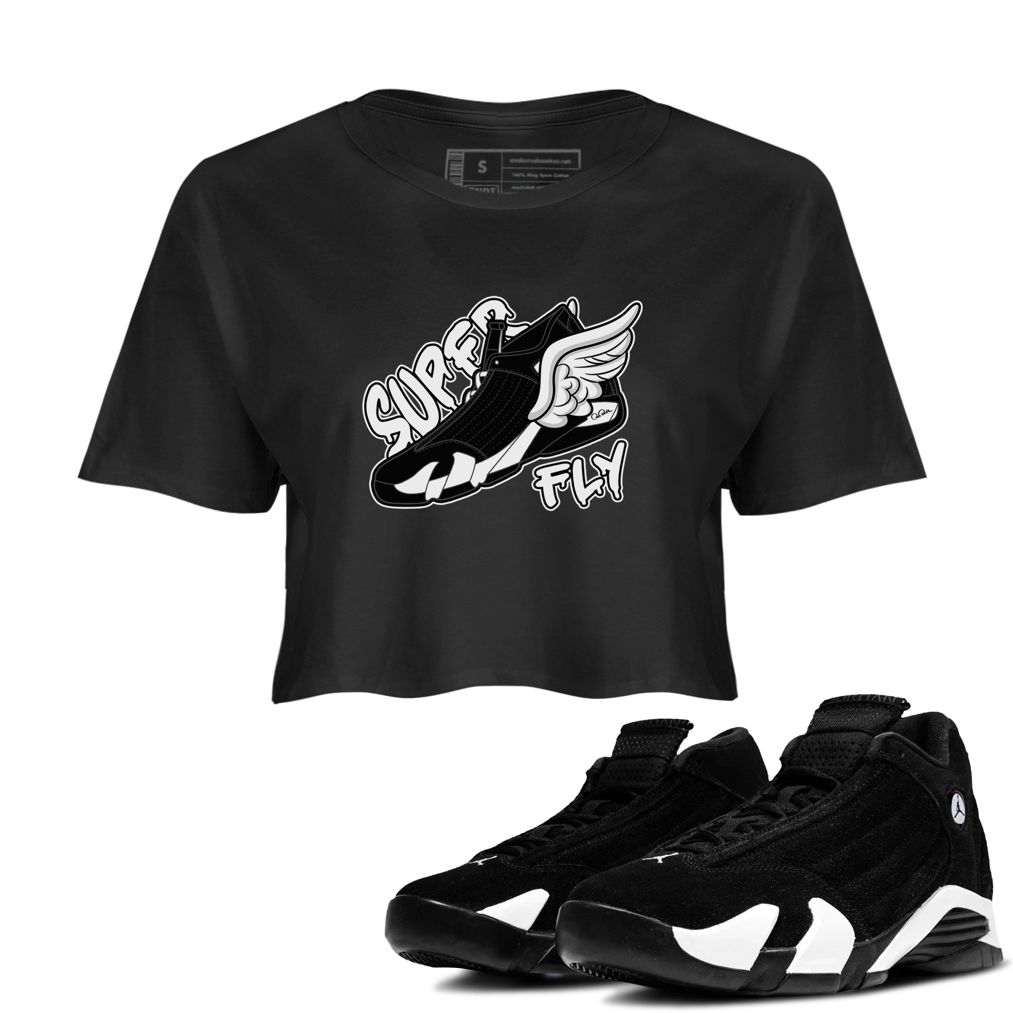 14s Panda shirt to match jordans Super Fly sneaker tees Air Jordan 14 Panda SNRT Sneaker Release Tees Black 1 Crop T-Shirt
