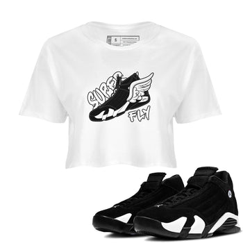 14s Panda shirt to match jordans Super Fly sneaker tees Air Jordan 14 Panda SNRT Sneaker Release Tees White 1 Crop T-Shirt