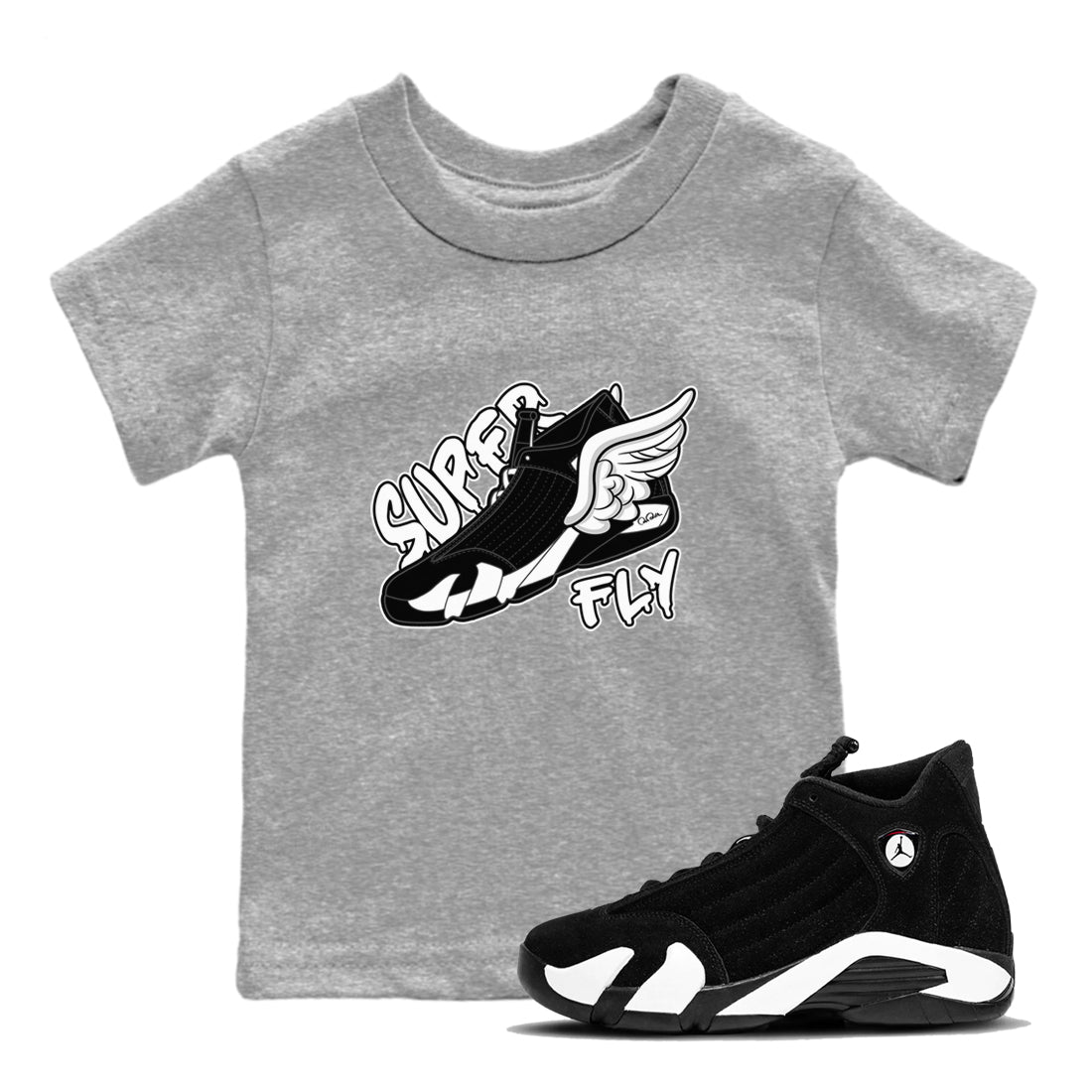 14s Panda shirt to match jordans Super Fly sneaker tees Air Jordan 14 Panda SNRT Sneaker Release Tees Baby Toddler Heather Grey 1 T-Shirt