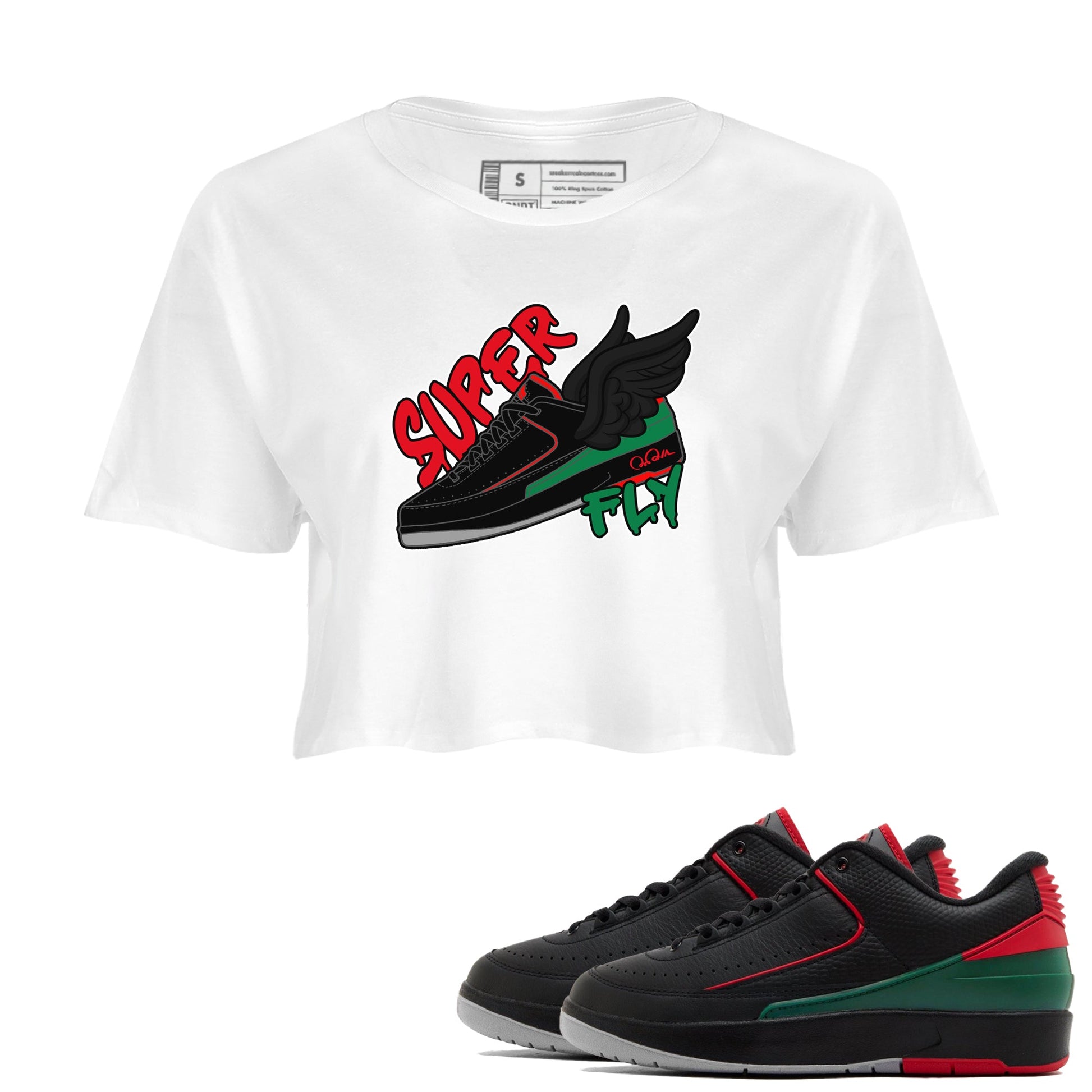 2s Christmas X-mas gift shirt to match jordans Super Fly sneaker tees Air Jordan 2 Christmas SNRT Sneaker Release Tees White 1 Crop T-Shirt