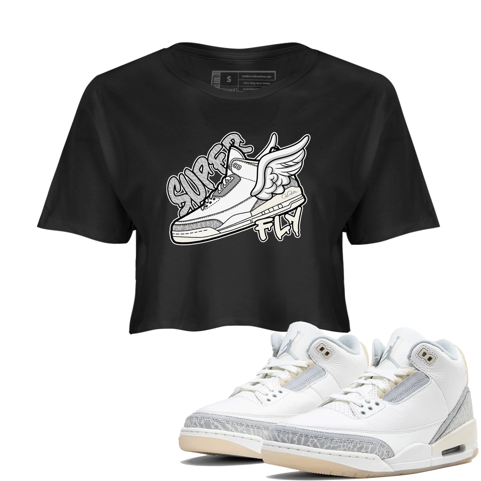 3s Ivory shirt to match jordans Super Fly sneaker tees Air Jordan 3 Ivory SNRT Sneaker Release Tees Black 1 crop length shirt